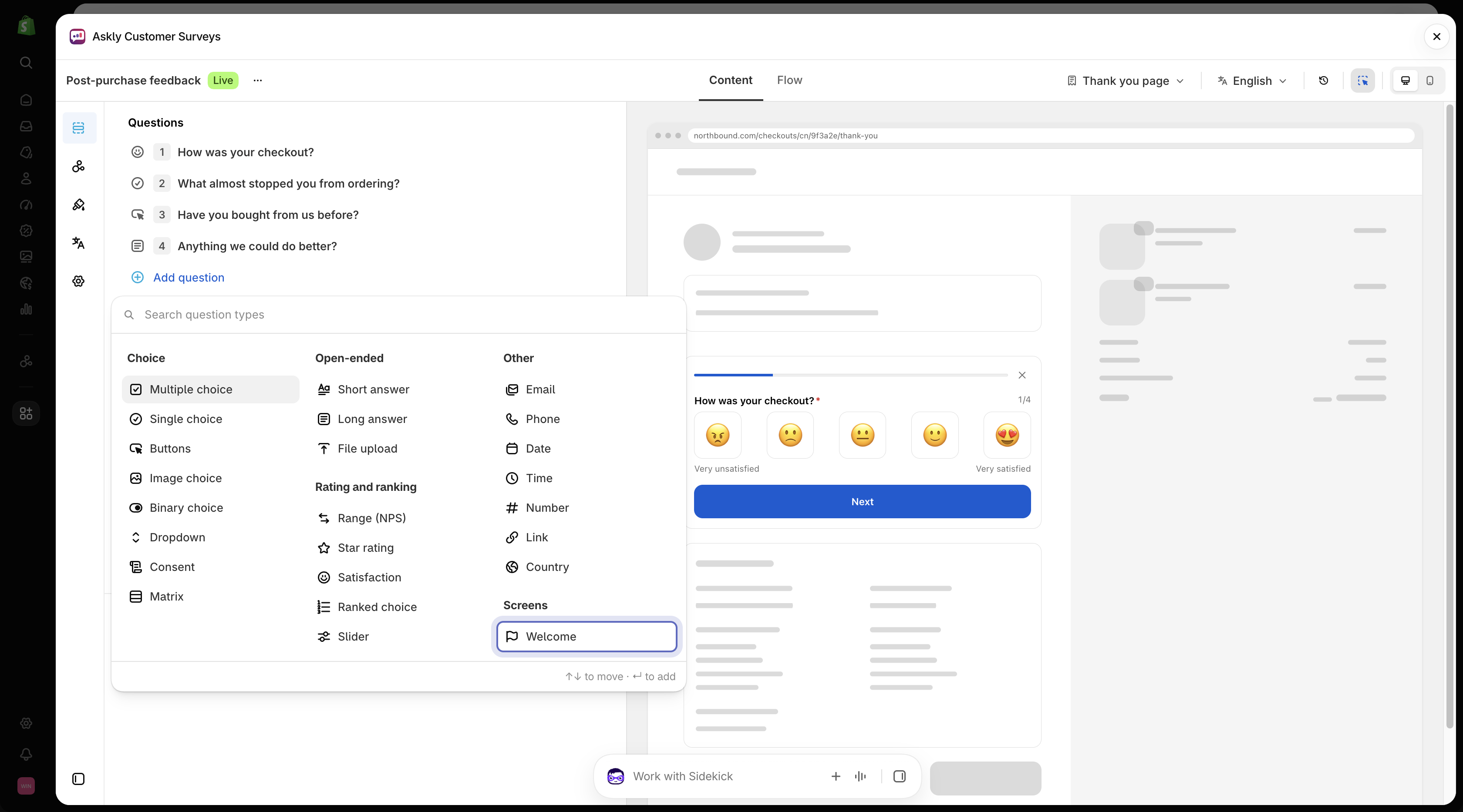 Add question menu showing question categories and Welcome under Screens