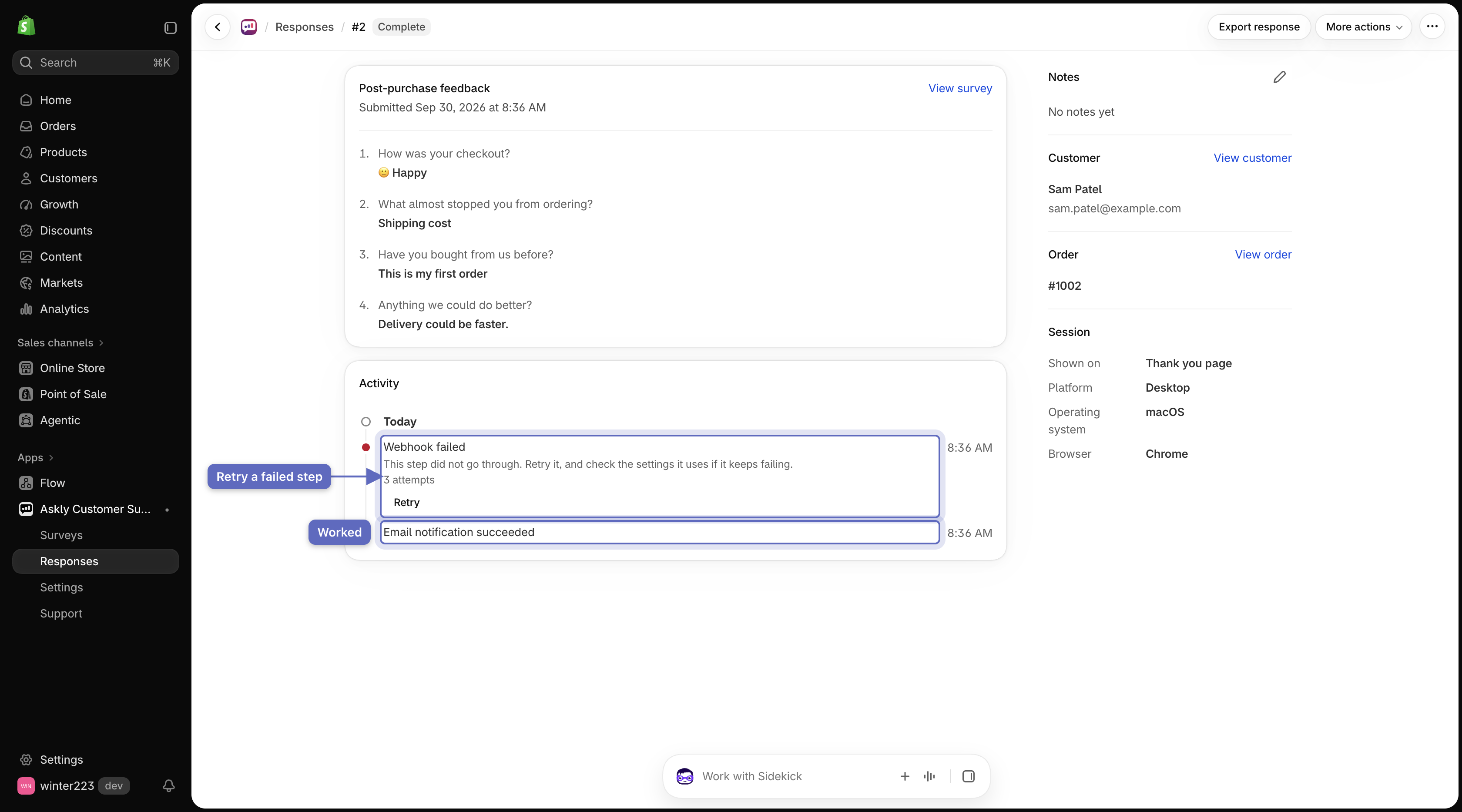 A survey response showing the Activity card with a succeeded Email notification and a failed Webhook with a Retry button.