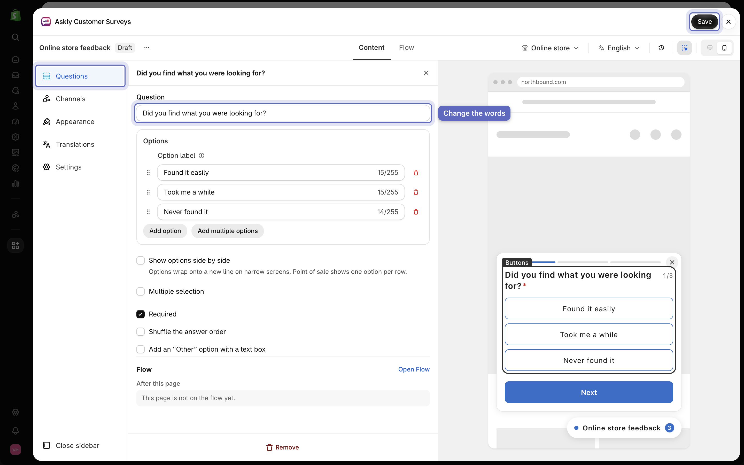 Survey editor with the Questions section open, a question's text changed, and the Save button highlighted