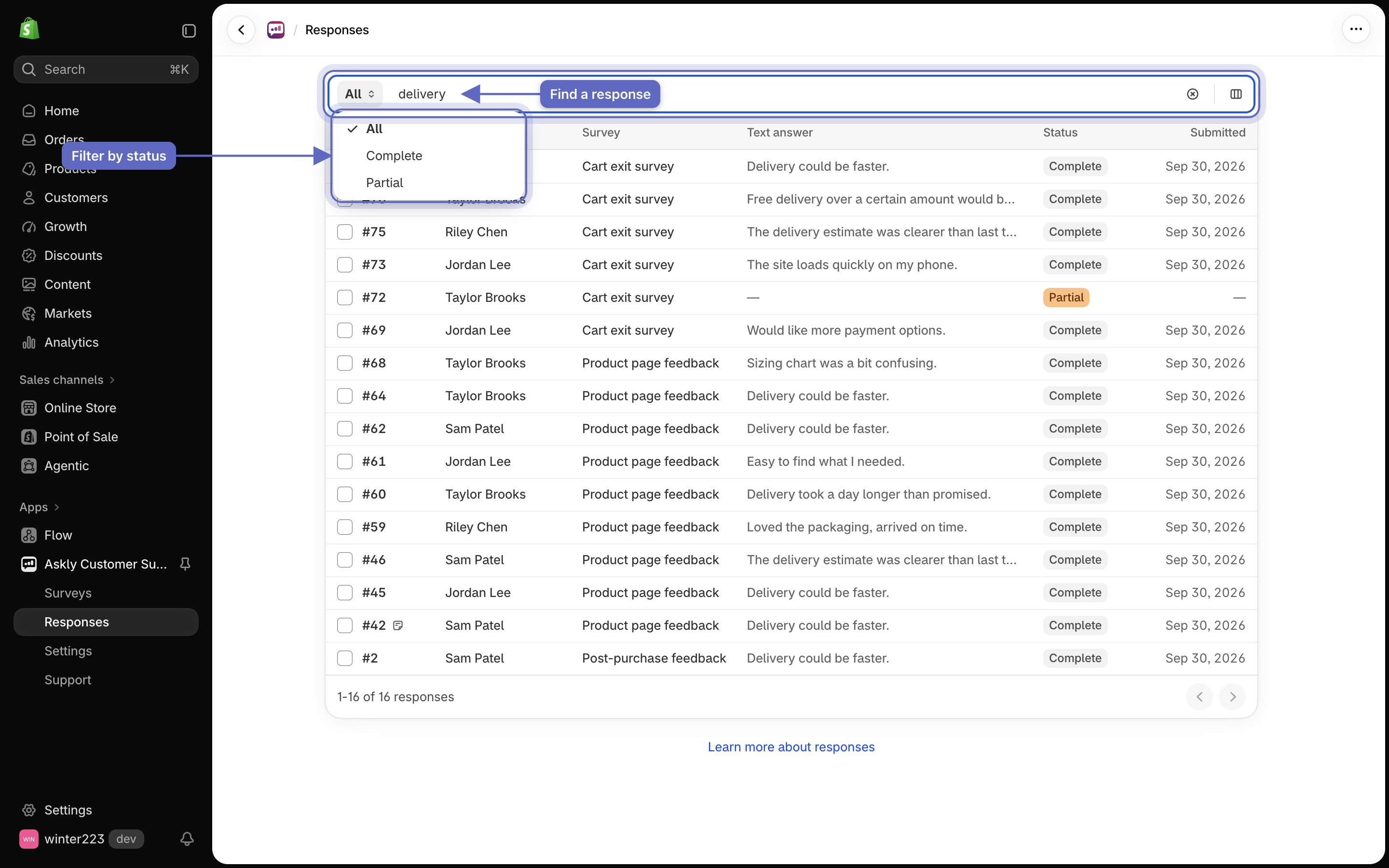 The Responses list with 'delivery' typed in Search and filter and the view menu open, showing All, Complete and Partial