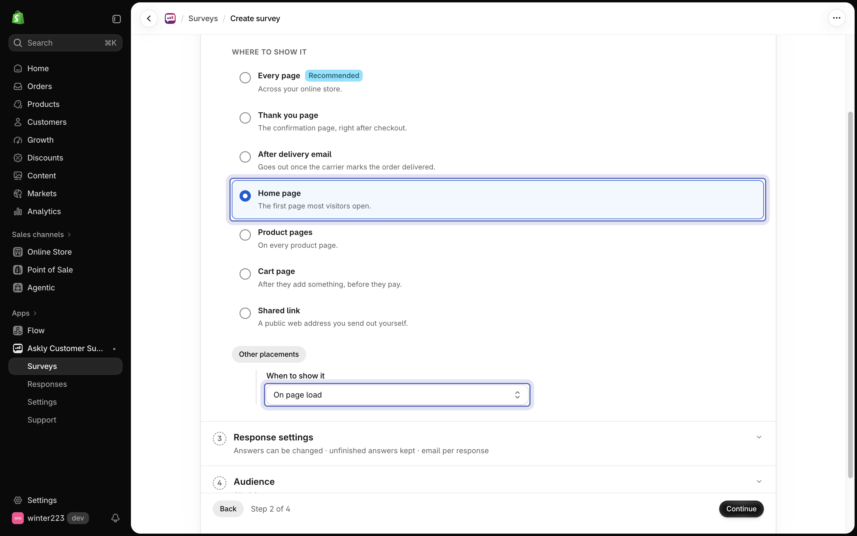 Placement and timing step with Home page selected and the When to show it menu set to On page load