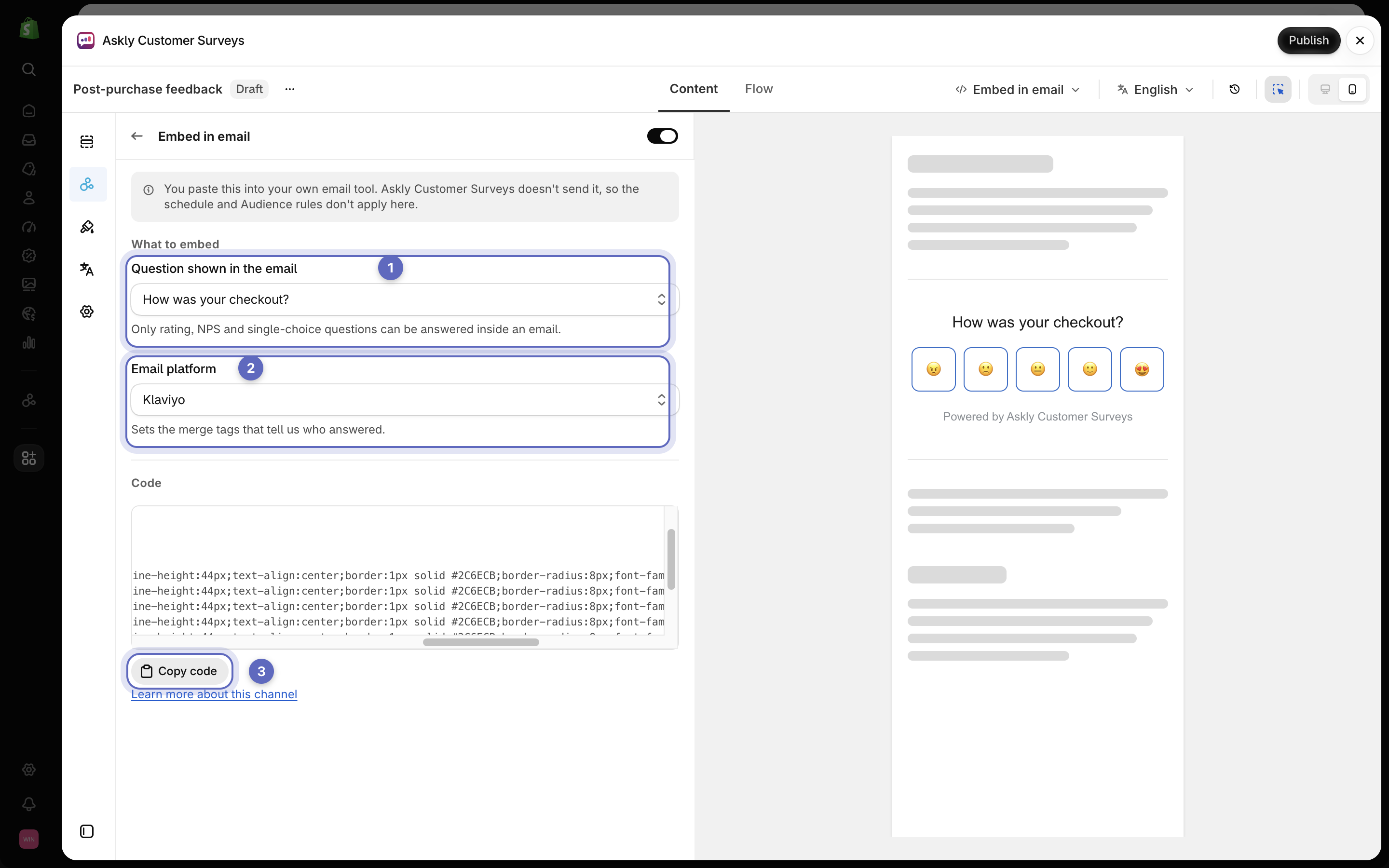The Embed in email settings with the question picker, the email platform picker and the Copy code button