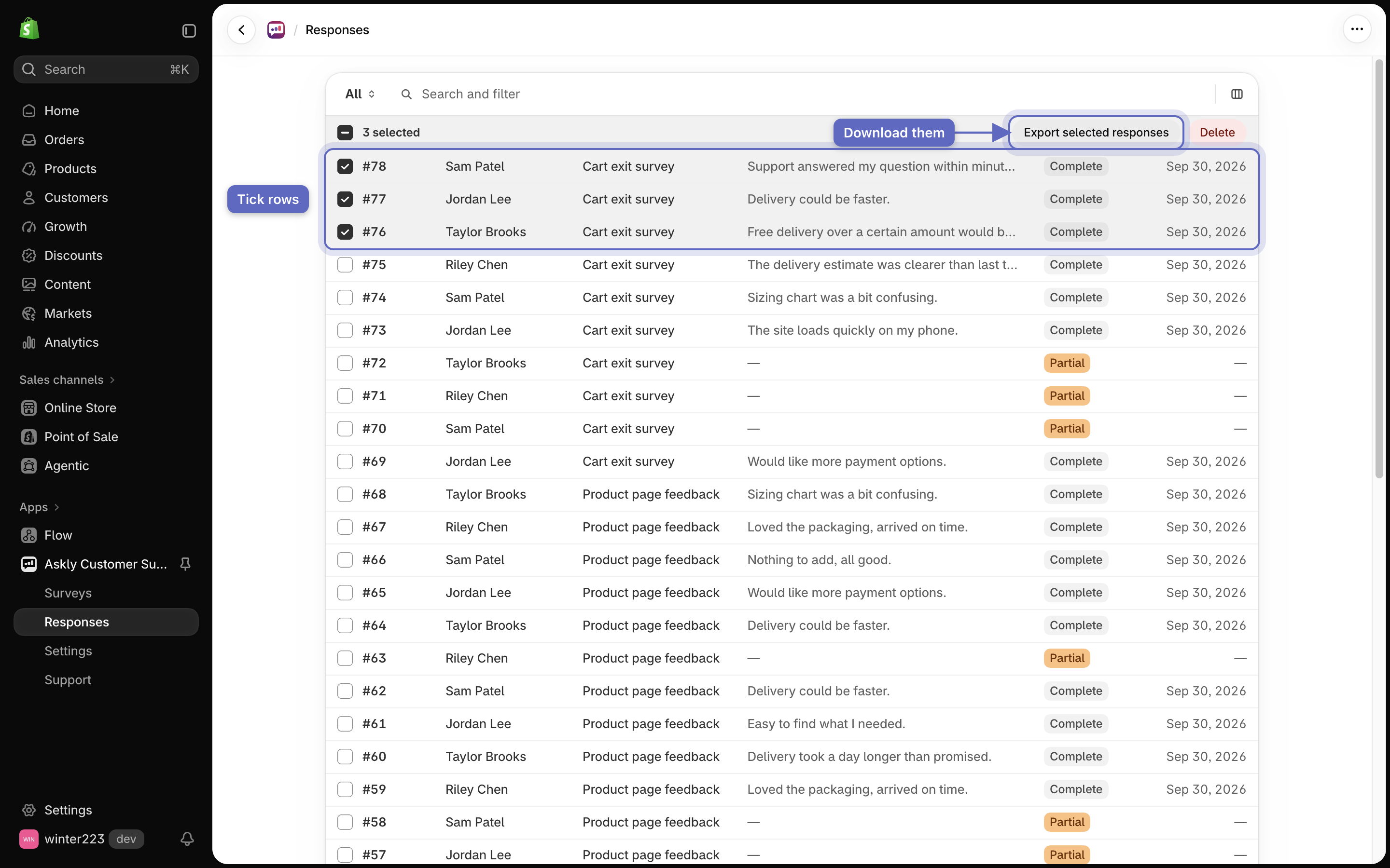 The Responses list with three rows ticked and the Export selected responses and Delete buttons above the table