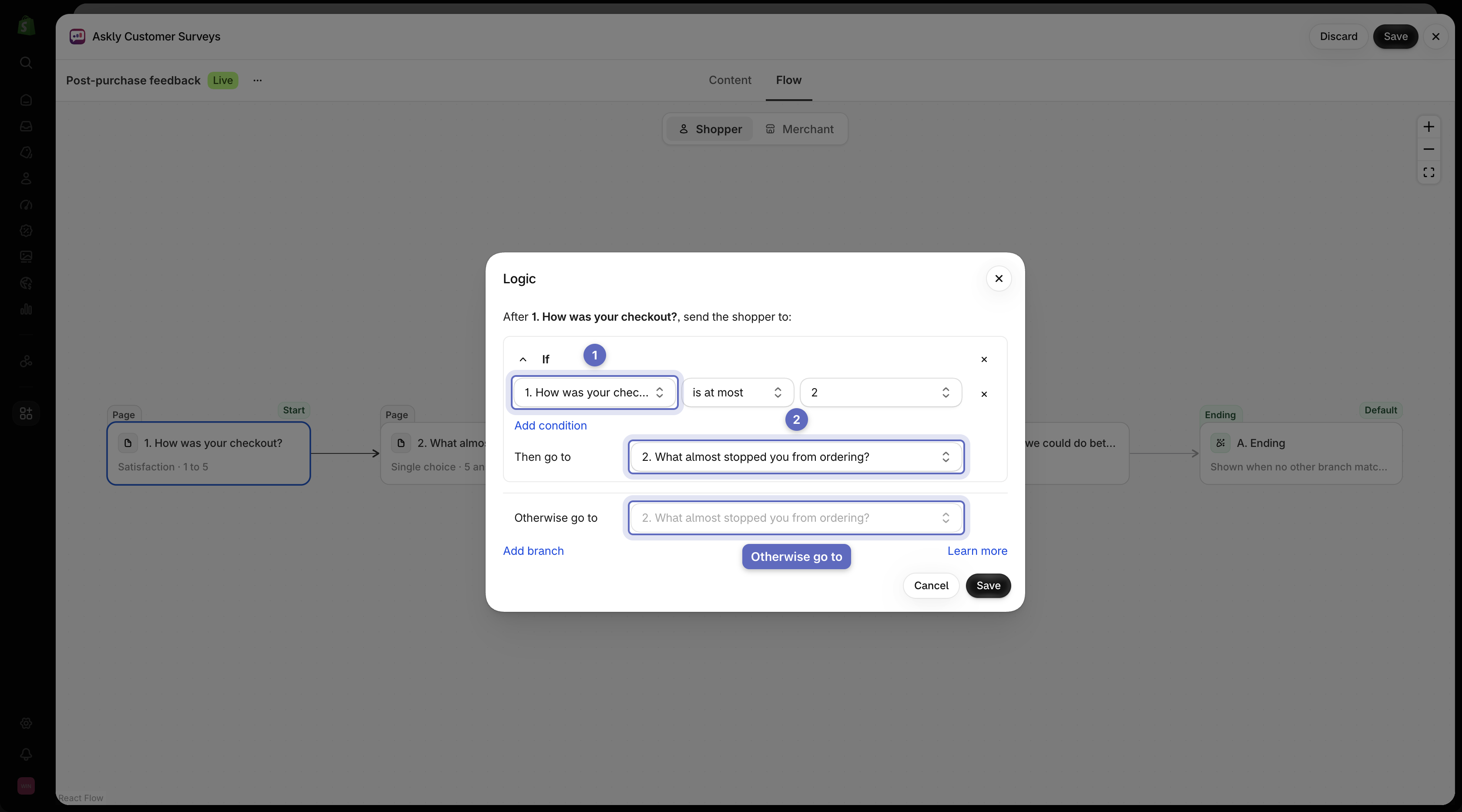 Logic window over the Shopper flow showing a rule to direct ratings of 1 to 2 stars to a follow-up page