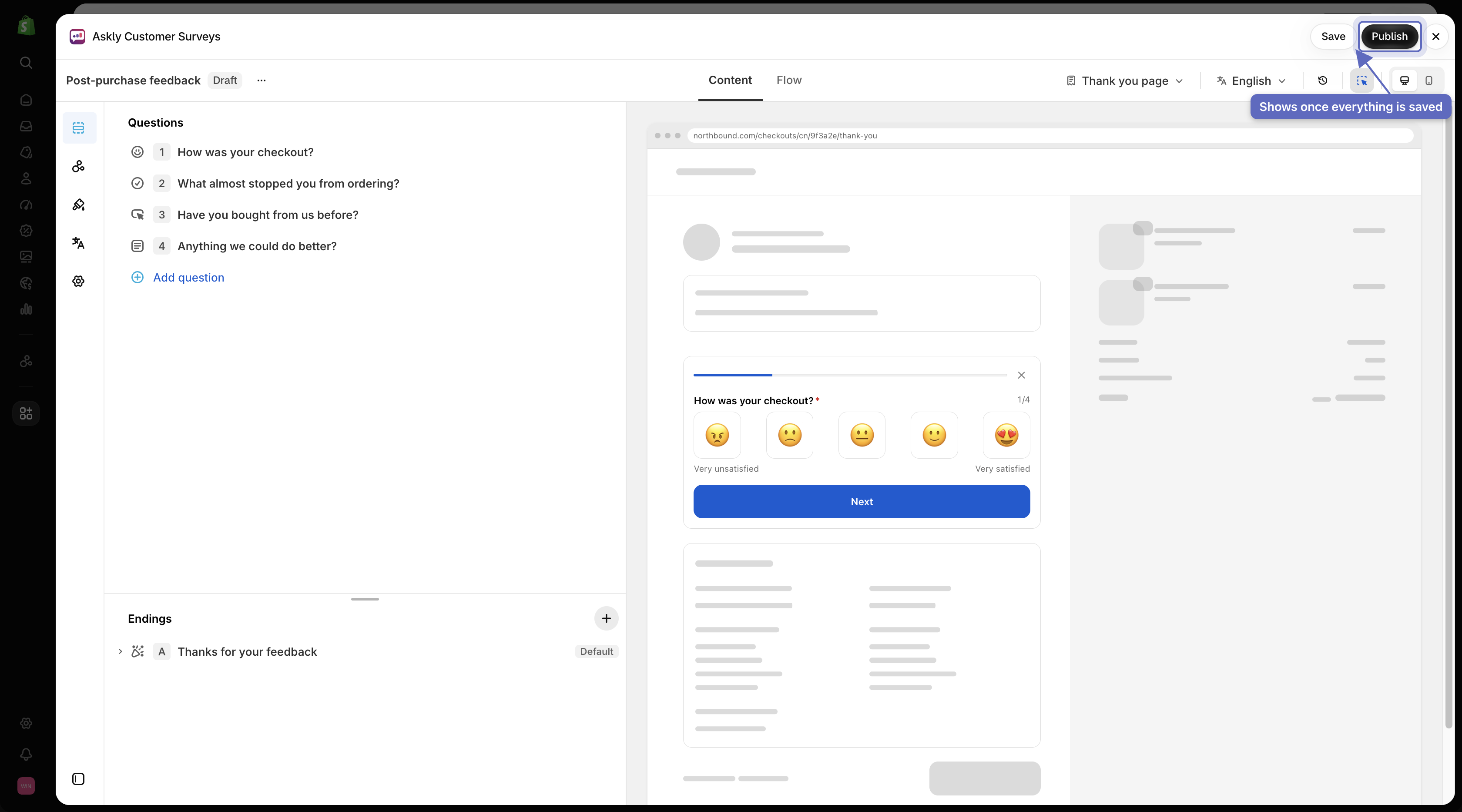 Survey editor showing the Draft badge and Publish button in the header