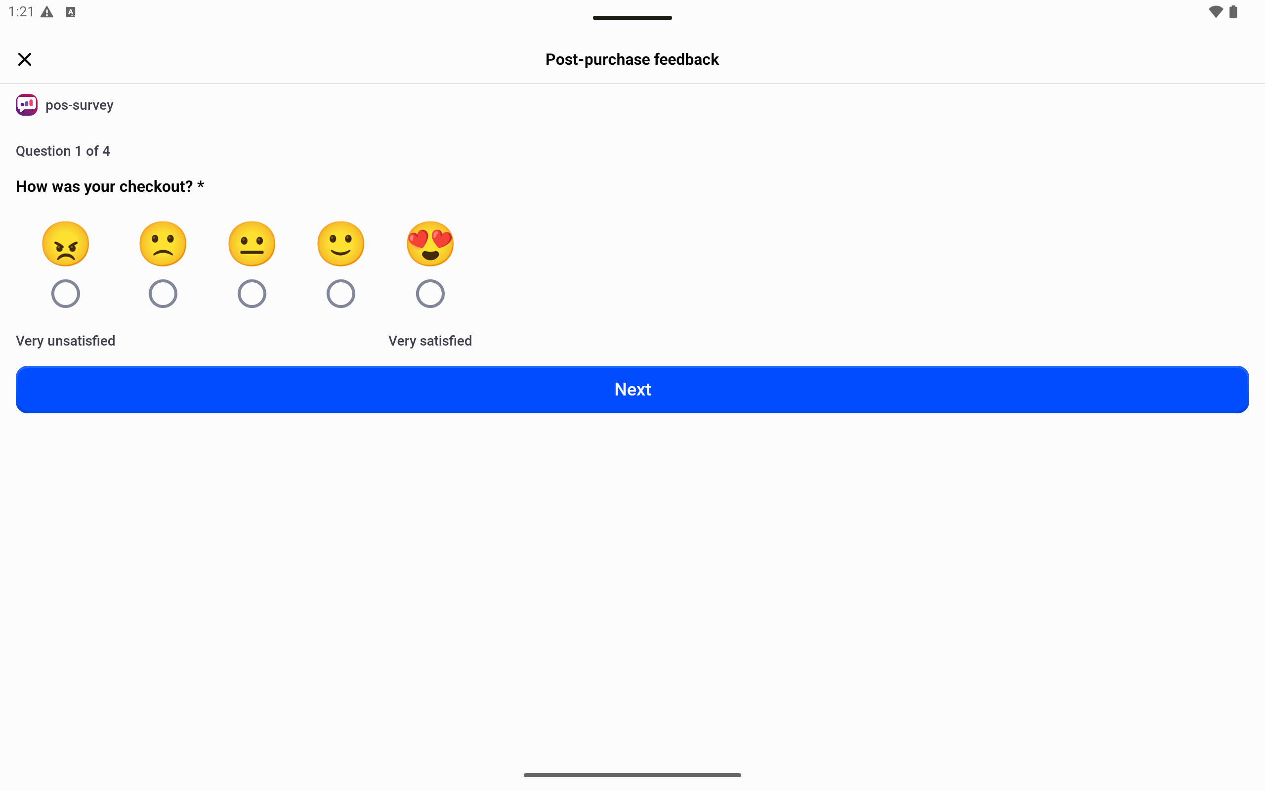 POS tablet showing the Post-purchase feedback survey, question 1 of 4, How was your checkout, with five face ratings and a Next button