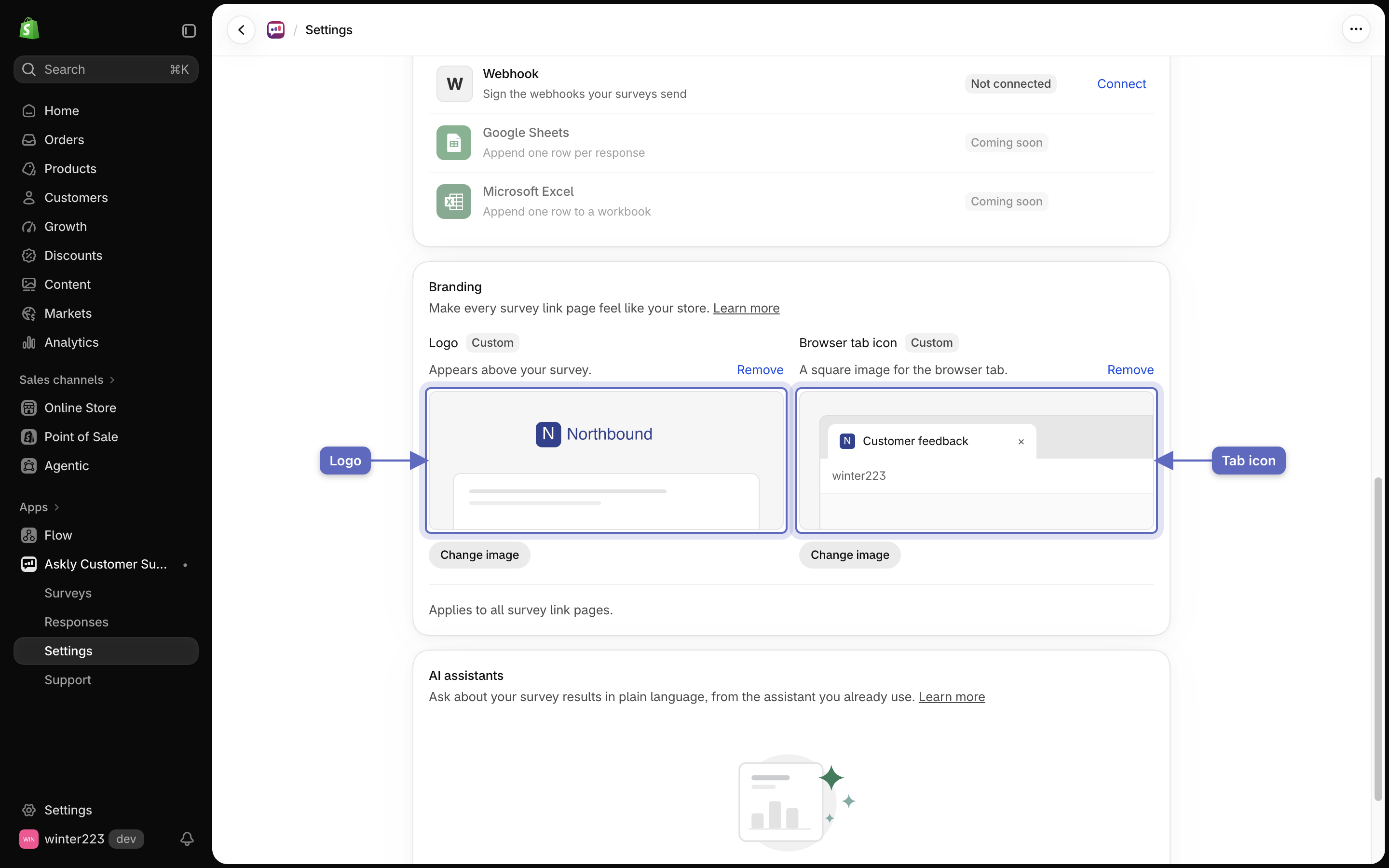 The Branding section in Settings, with a preview of the logo above a survey and a preview of the browser tab icon, each with Change image and Remove