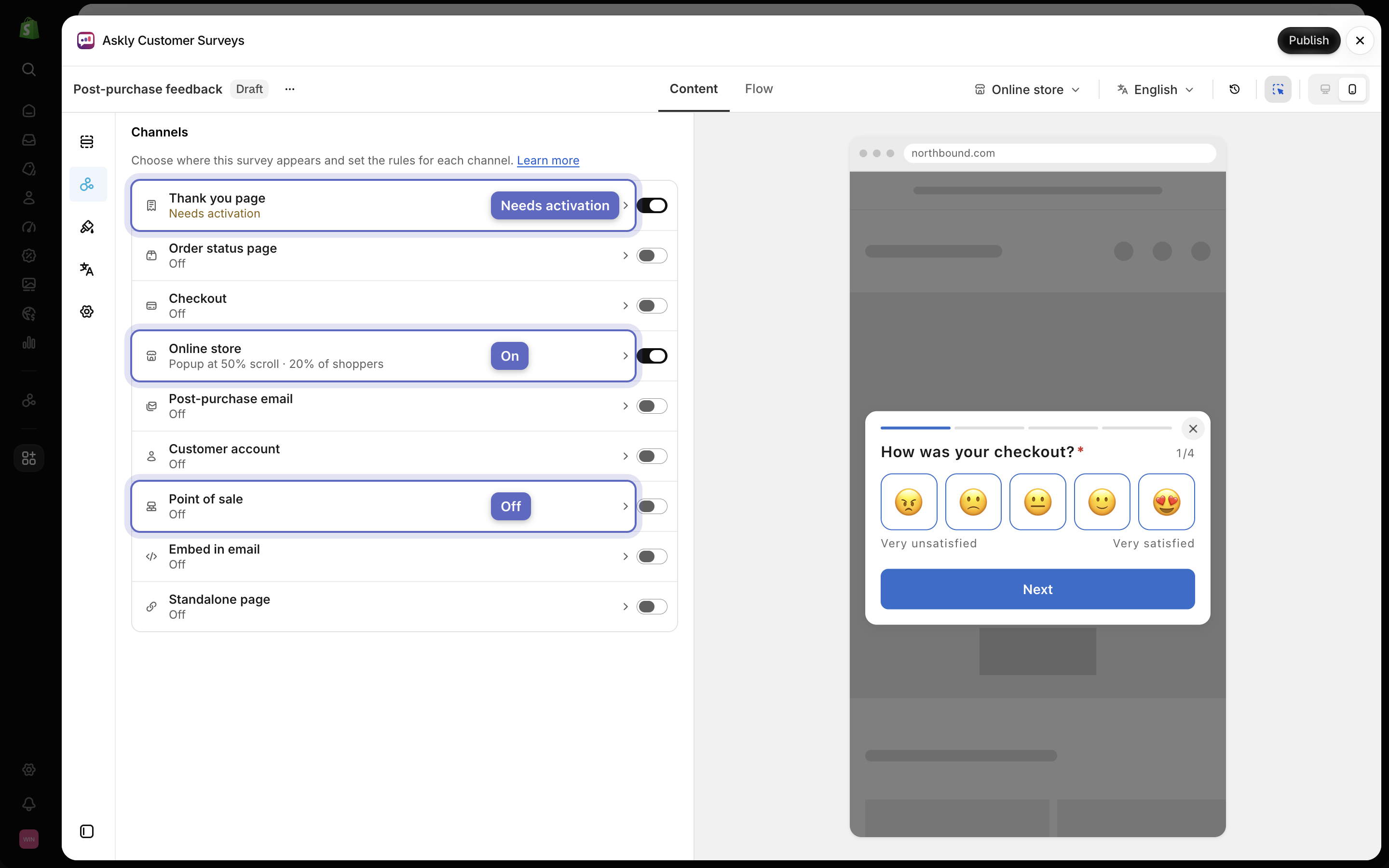 The Channels list showing Online store on with a summary, Thank you page on but marked Needs activation, and Point of sale off