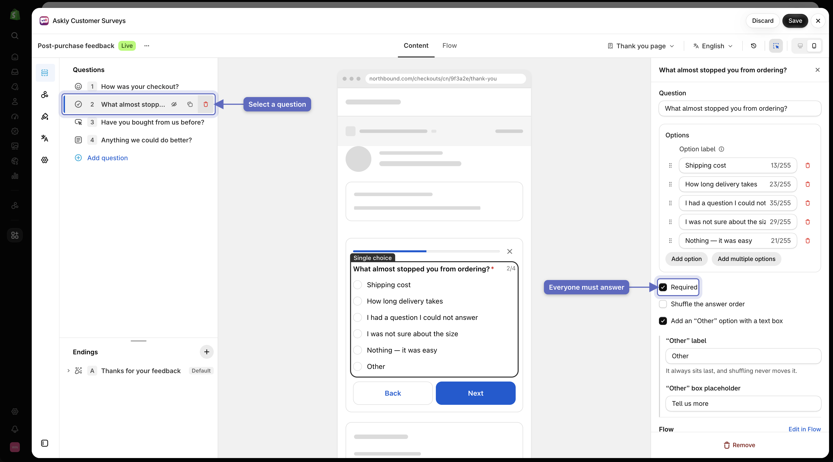 Survey editor showing the Questions list on the left with a question selected and its settings panel on the right with Required enabled
