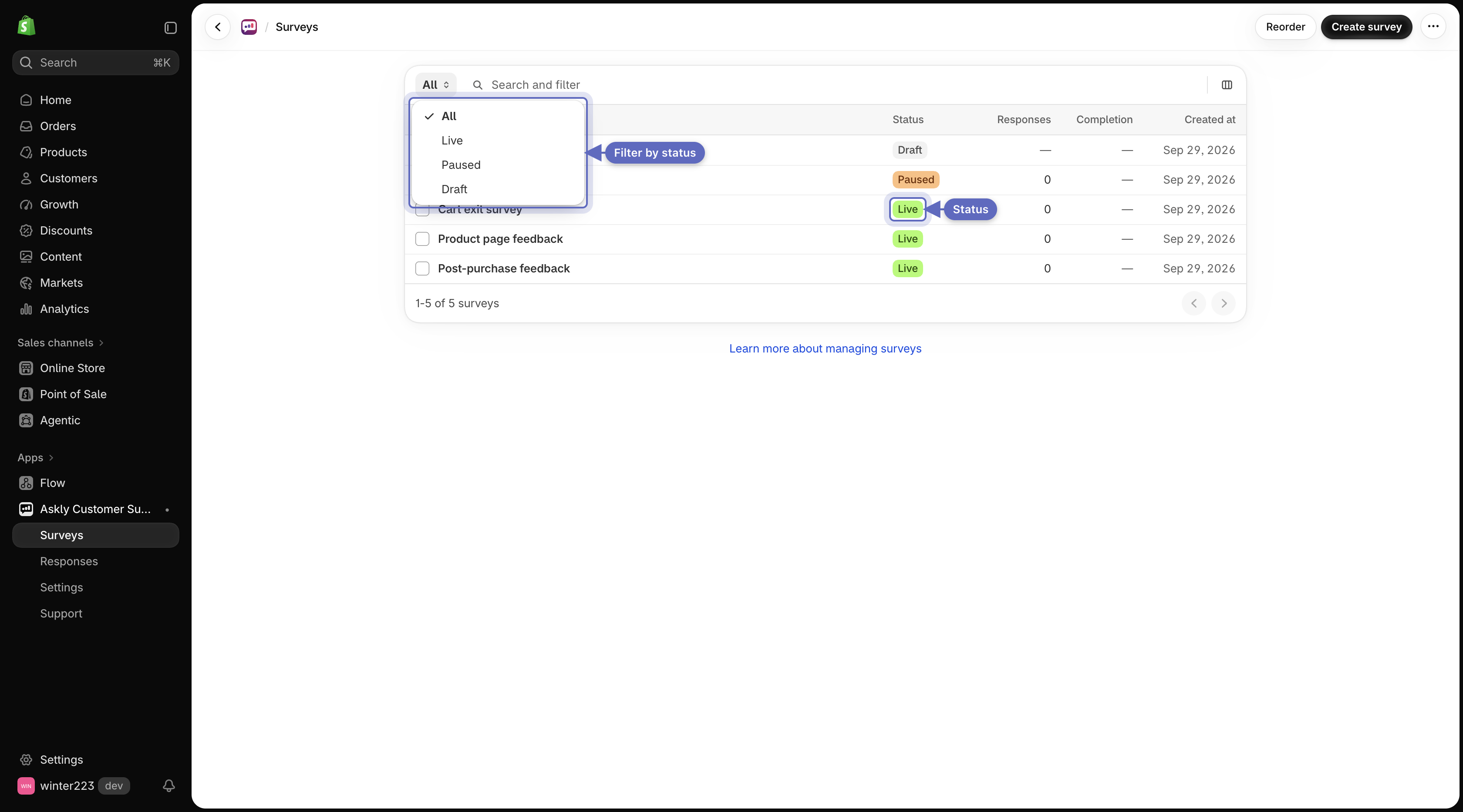 Surveys list with the status view menu open and status badges on each row