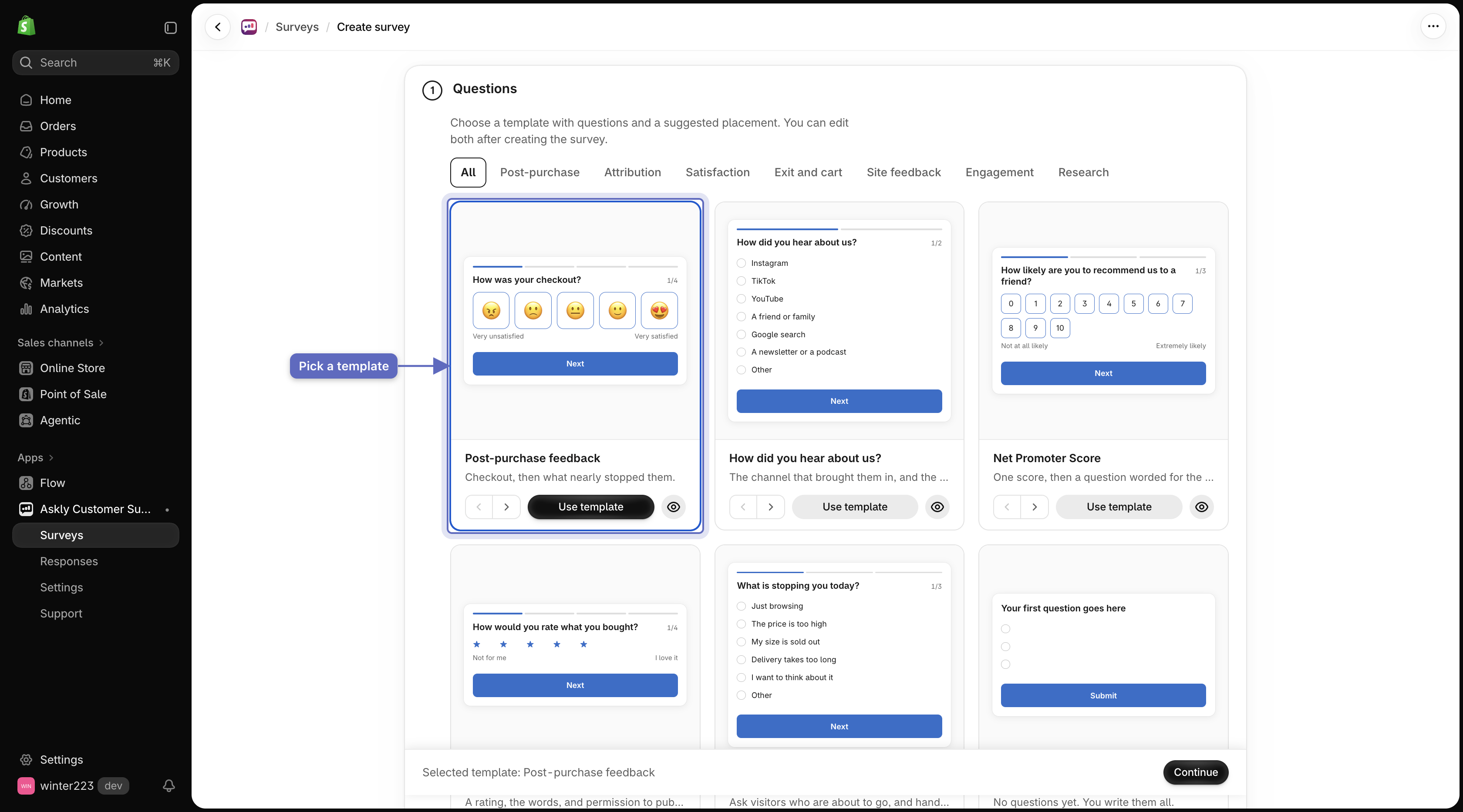 Survey template gallery with the Post-purchase feedback template selected