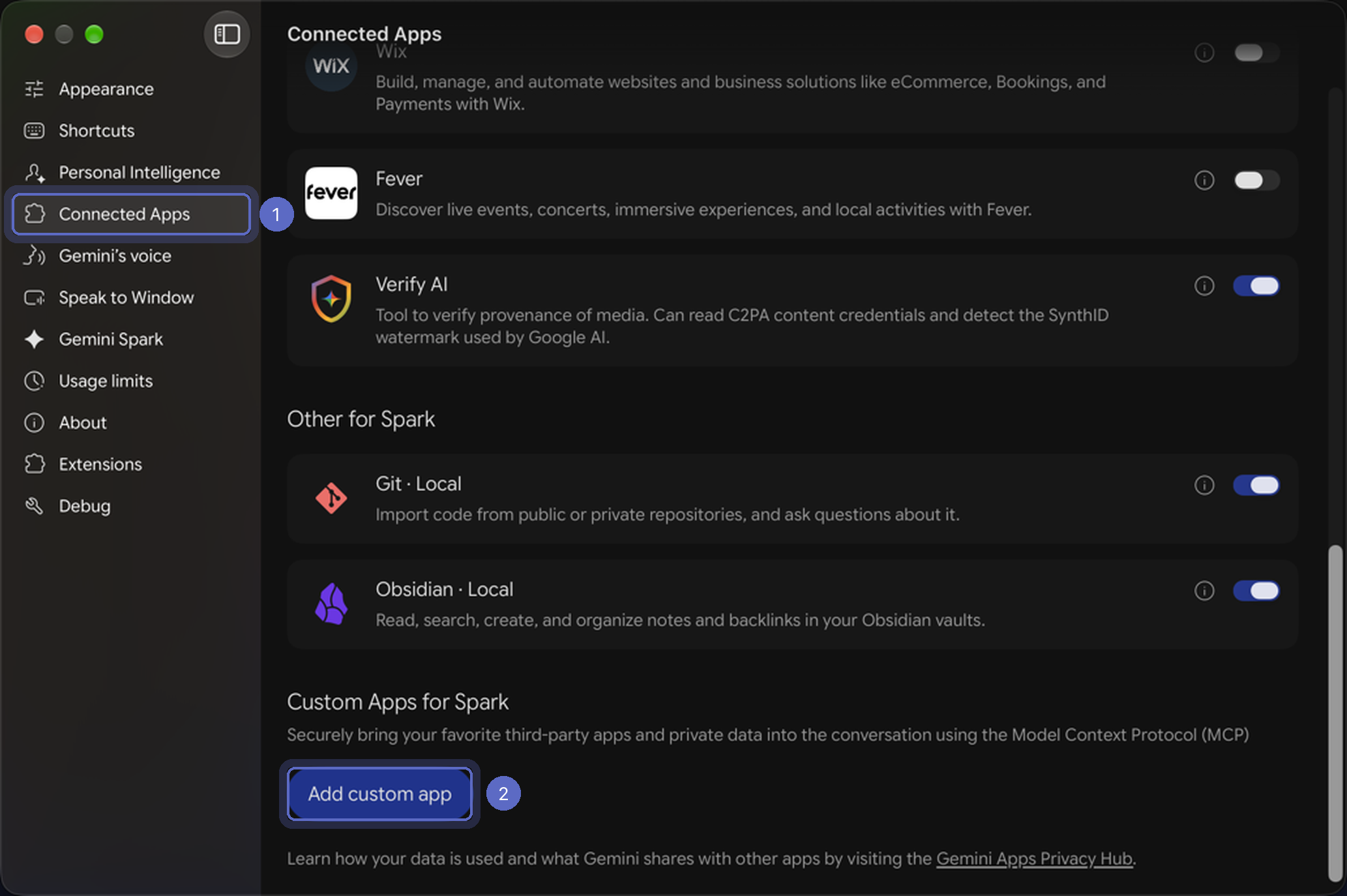 Gemini settings with Connected Apps selected and the Add custom app button under Custom Apps for Spark