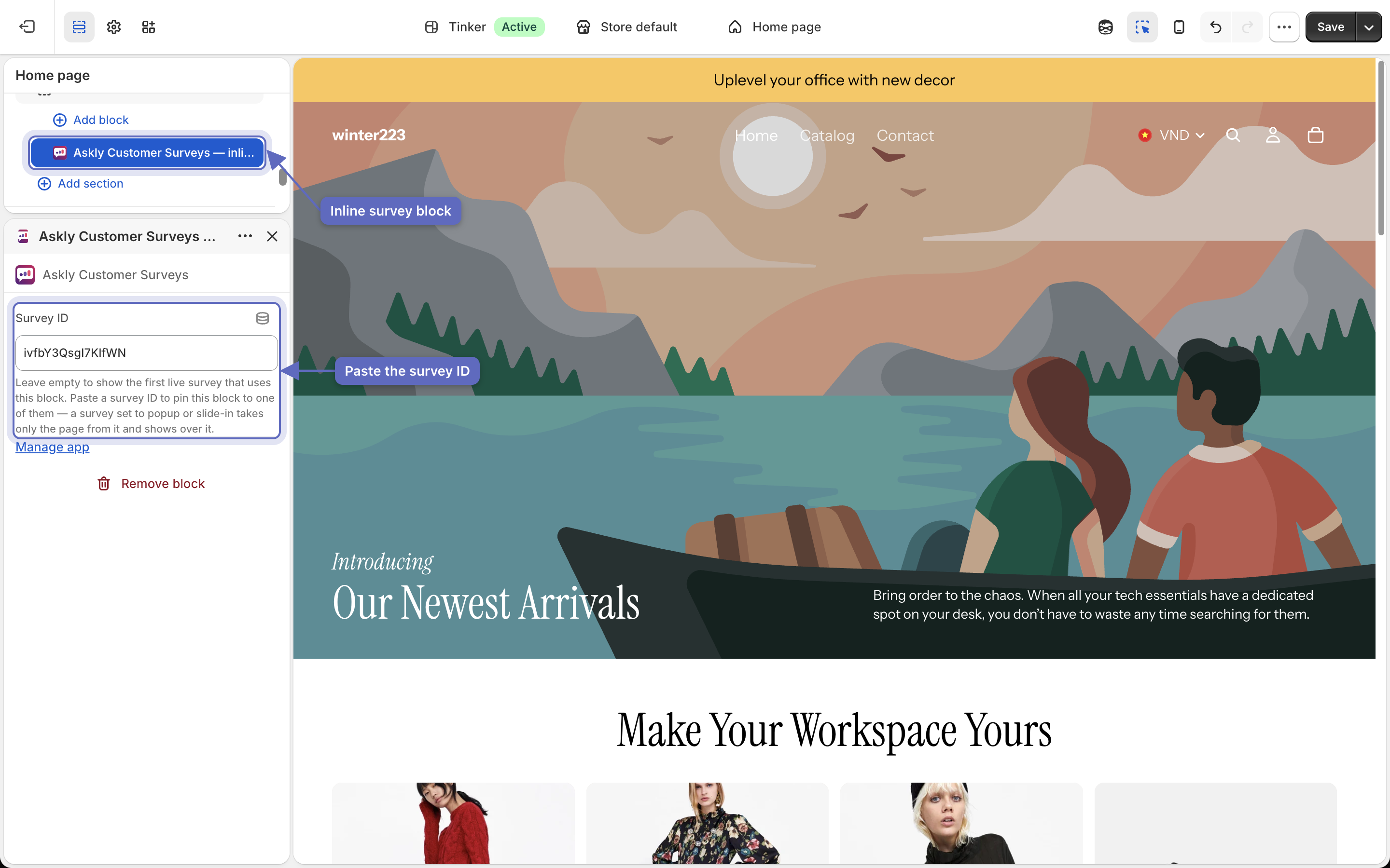 The theme editor with the Askly Customer Surveys inline survey block selected in the section list and its Survey ID filled in
