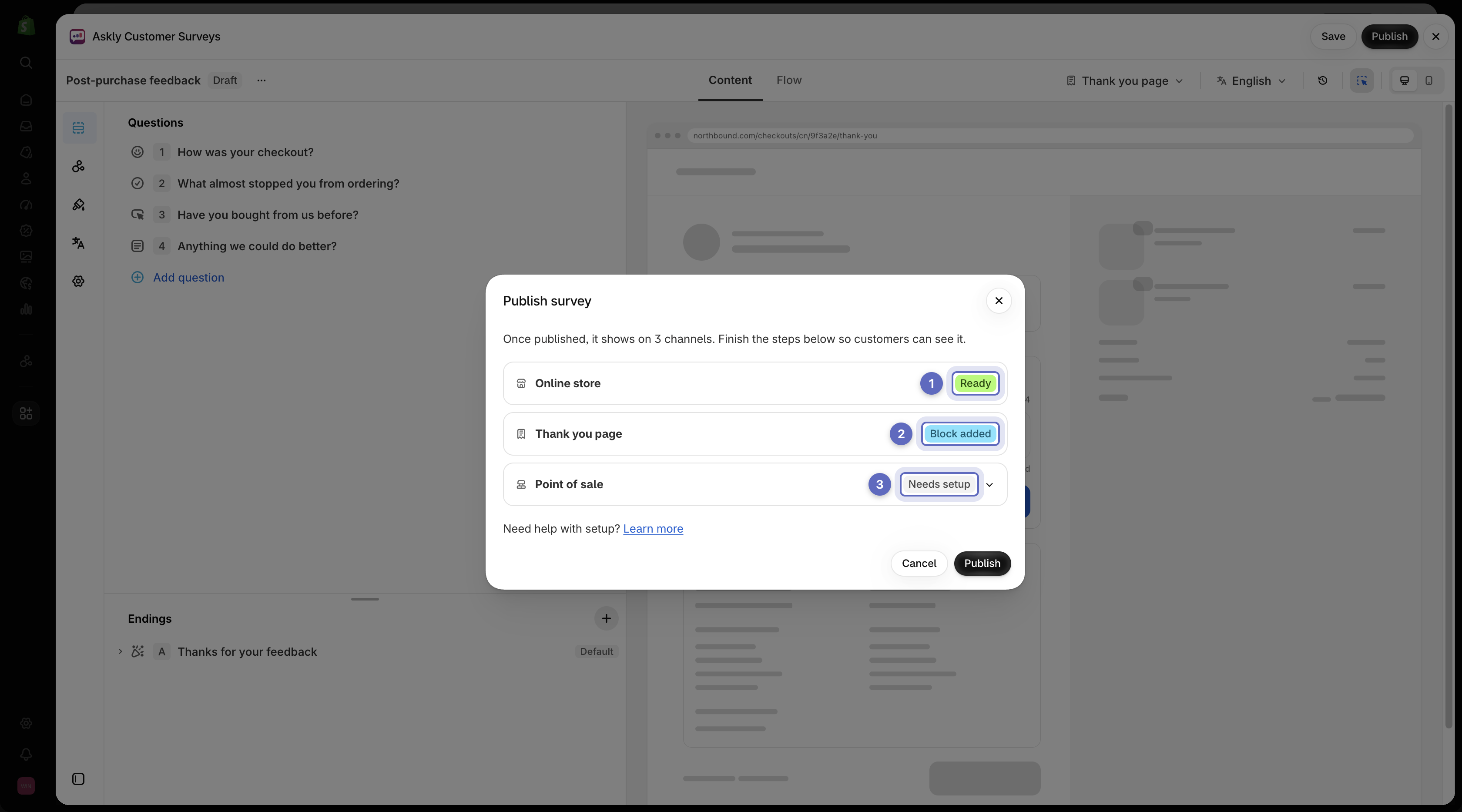 Publish survey window listing enabled channels with Ready, Block added, and Needs setup status badges