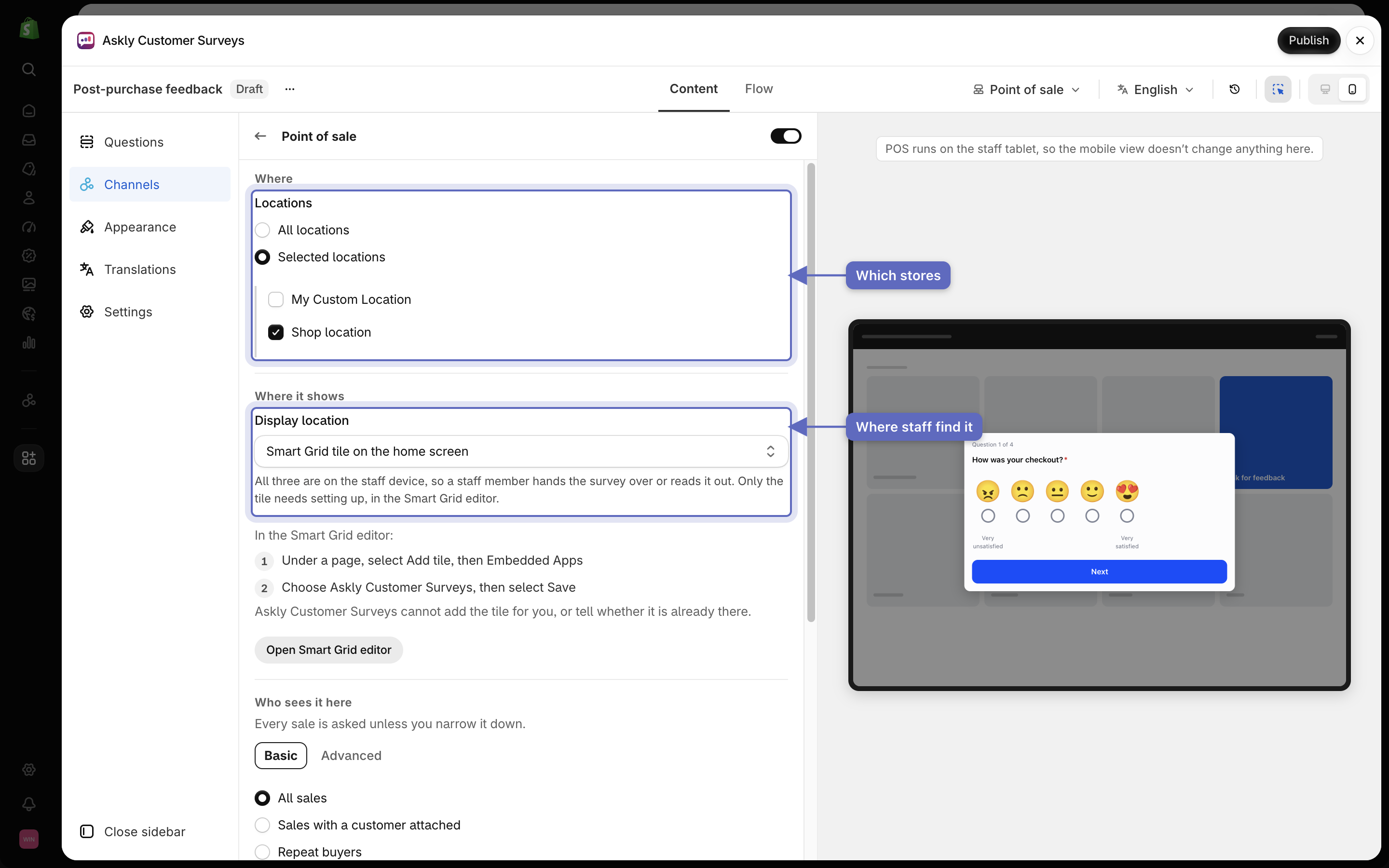 Point of sale settings with Selected locations, Shop location ticked, and Display location set to Smart Grid tile on the home screen