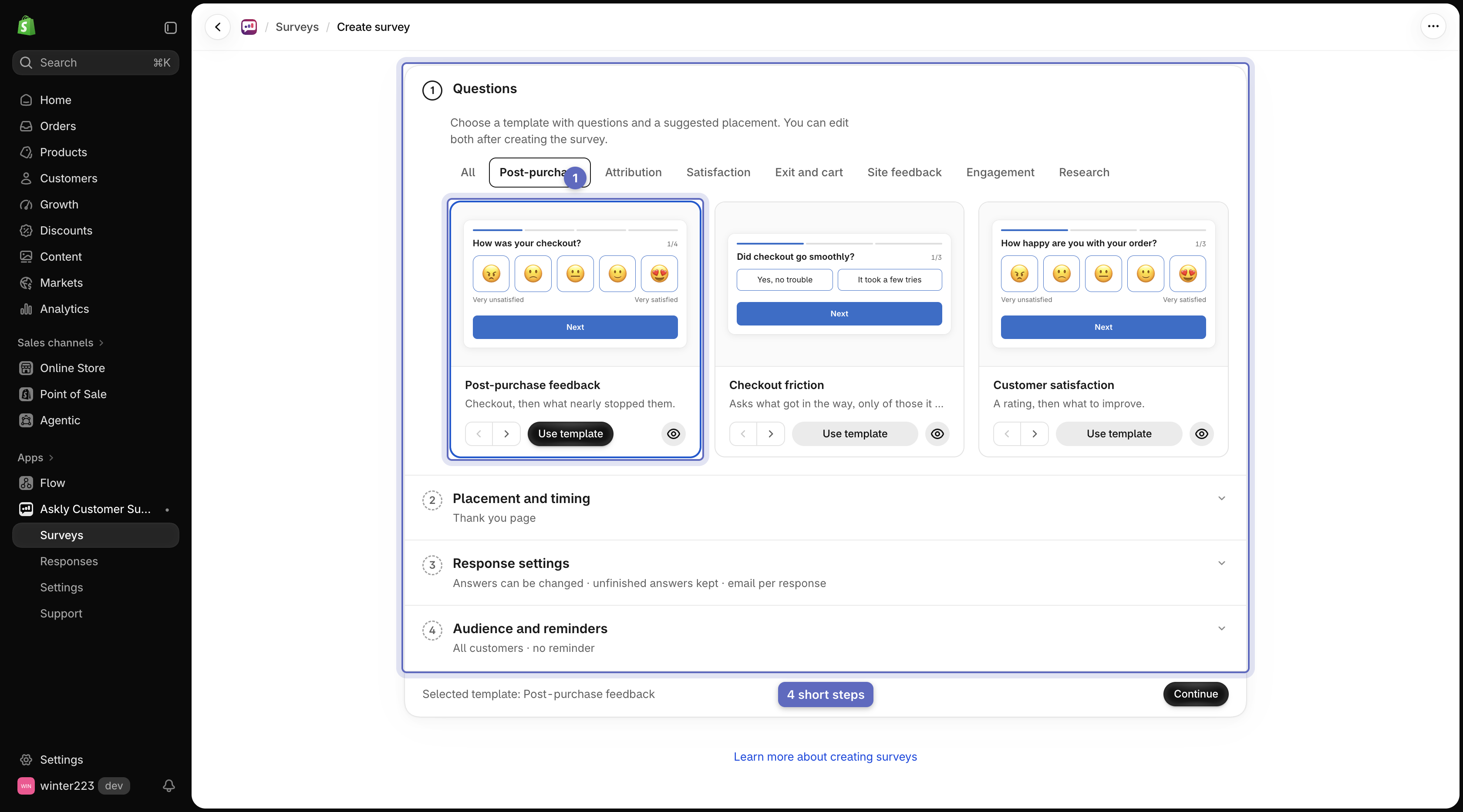 Survey creation wizard on the Questions step with the template gallery open and Post-purchase feedback selected