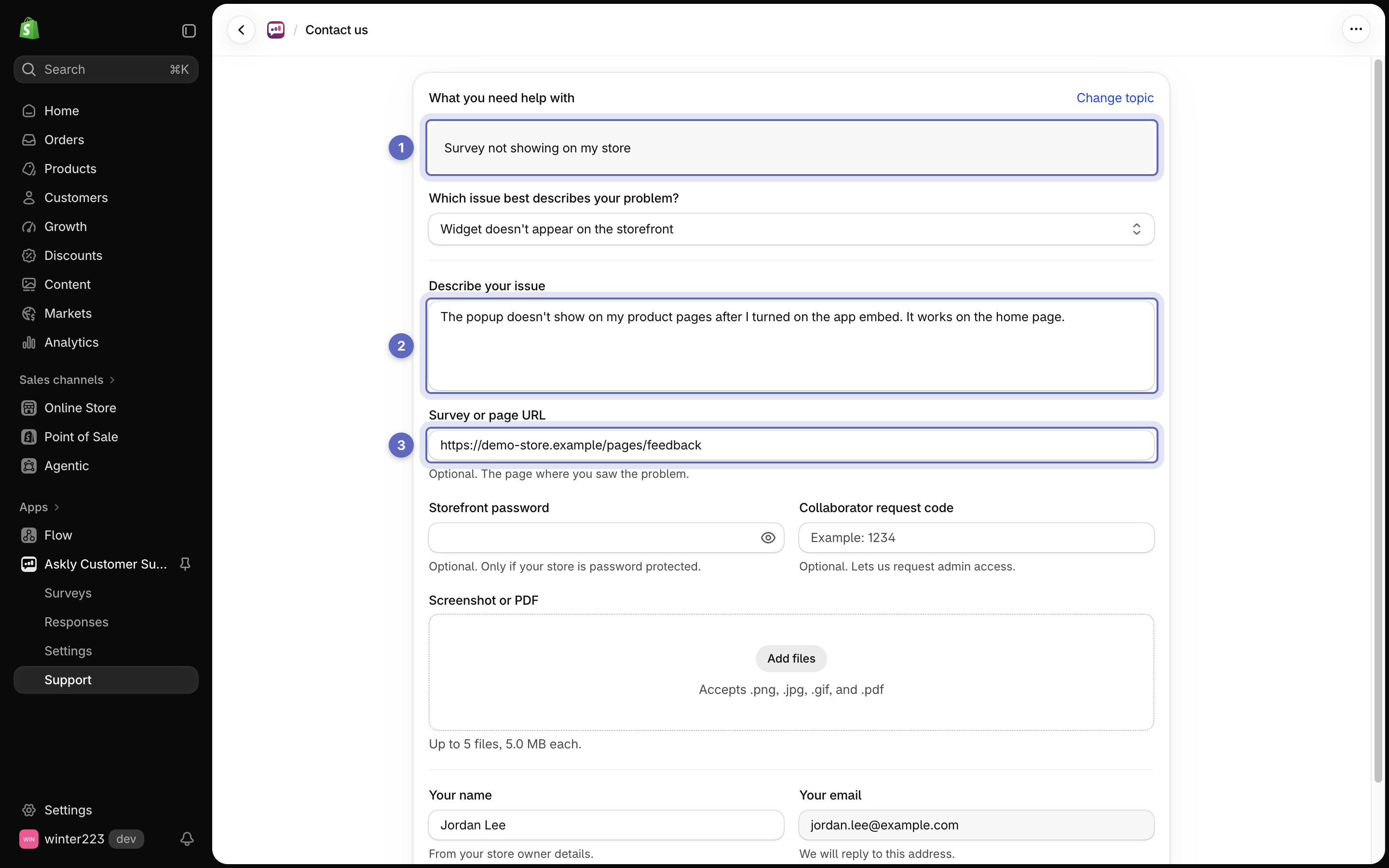 Contact us form with the topic Survey not showing on my store, a filled description, and a page URL