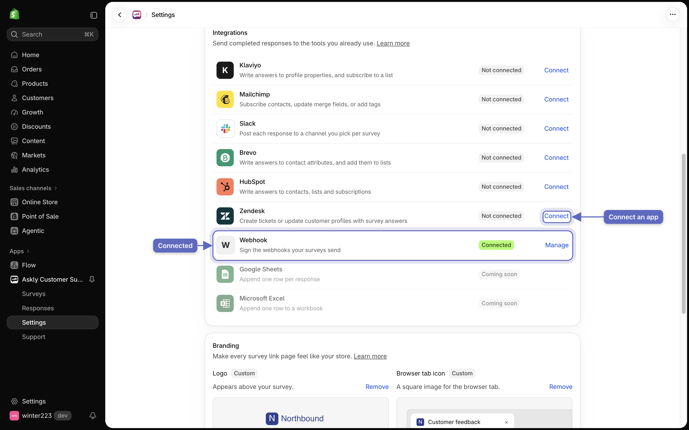 The Integrations list in Settings with Webhook connected and the other apps showing Connect