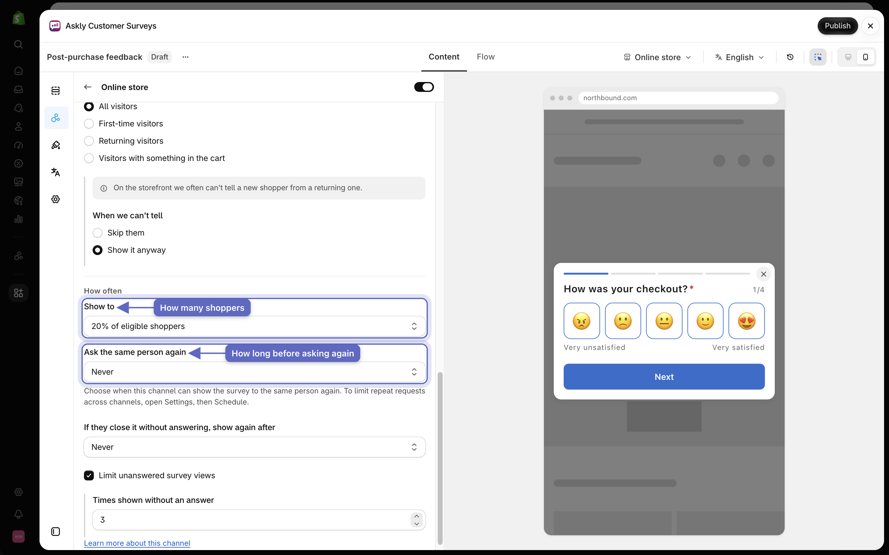 The How often section of the Online store panel with Show to set to 20% and Ask the same person again set to Never