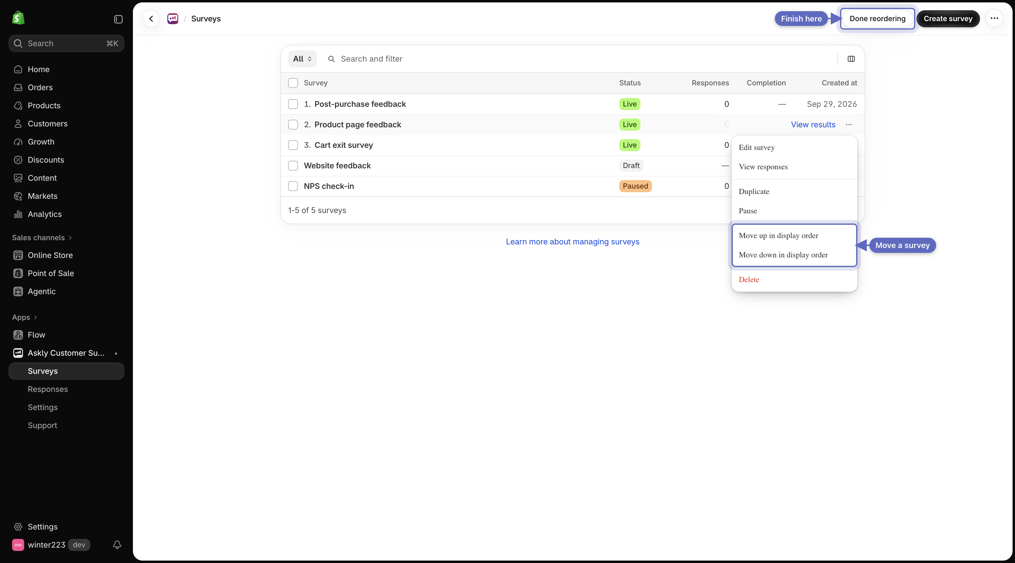 Surveys list in reorder mode with row action menu showing move options and Done reordering button in top bar
