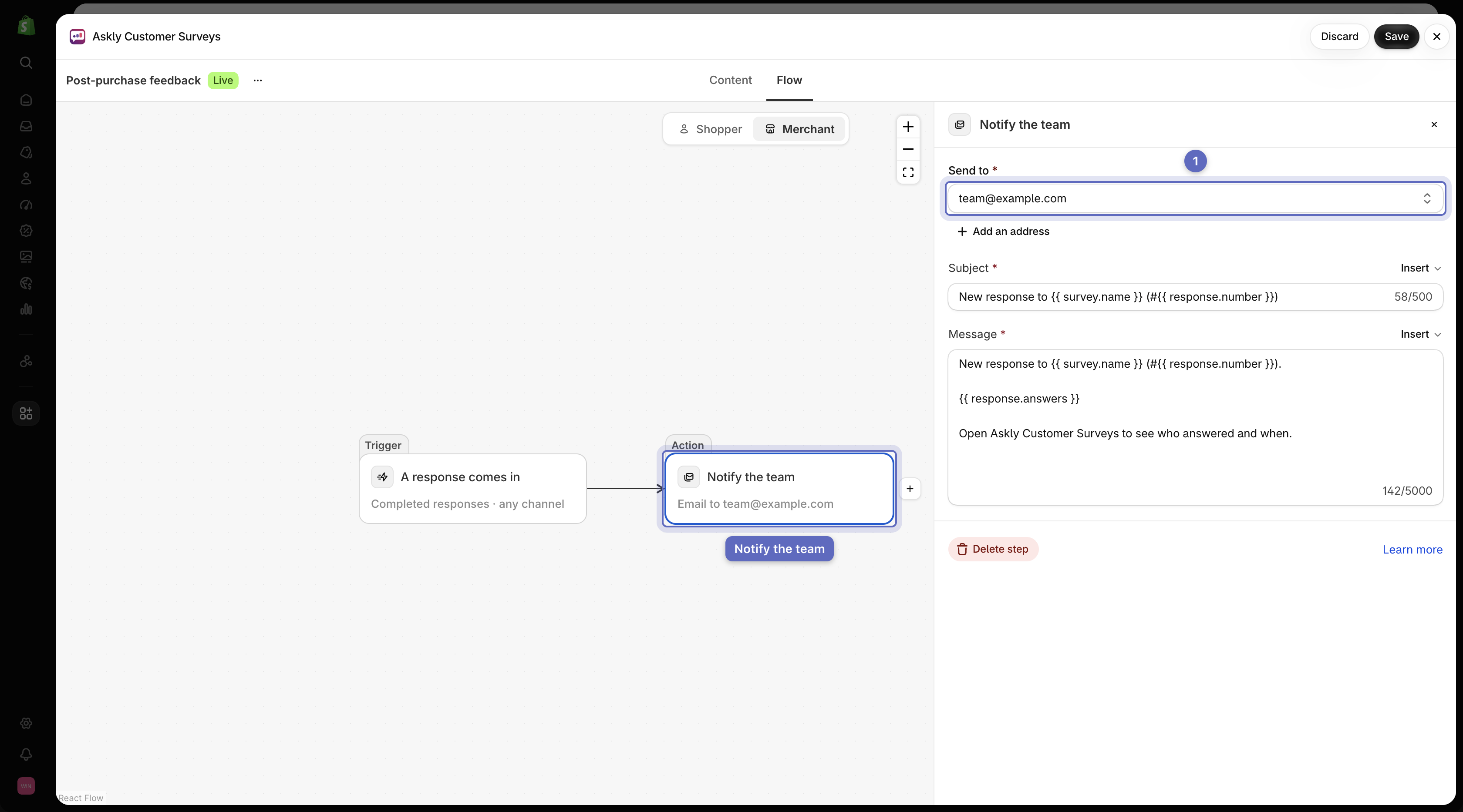 Merchant flow with the Notify the team step selected and its email settings drawer open