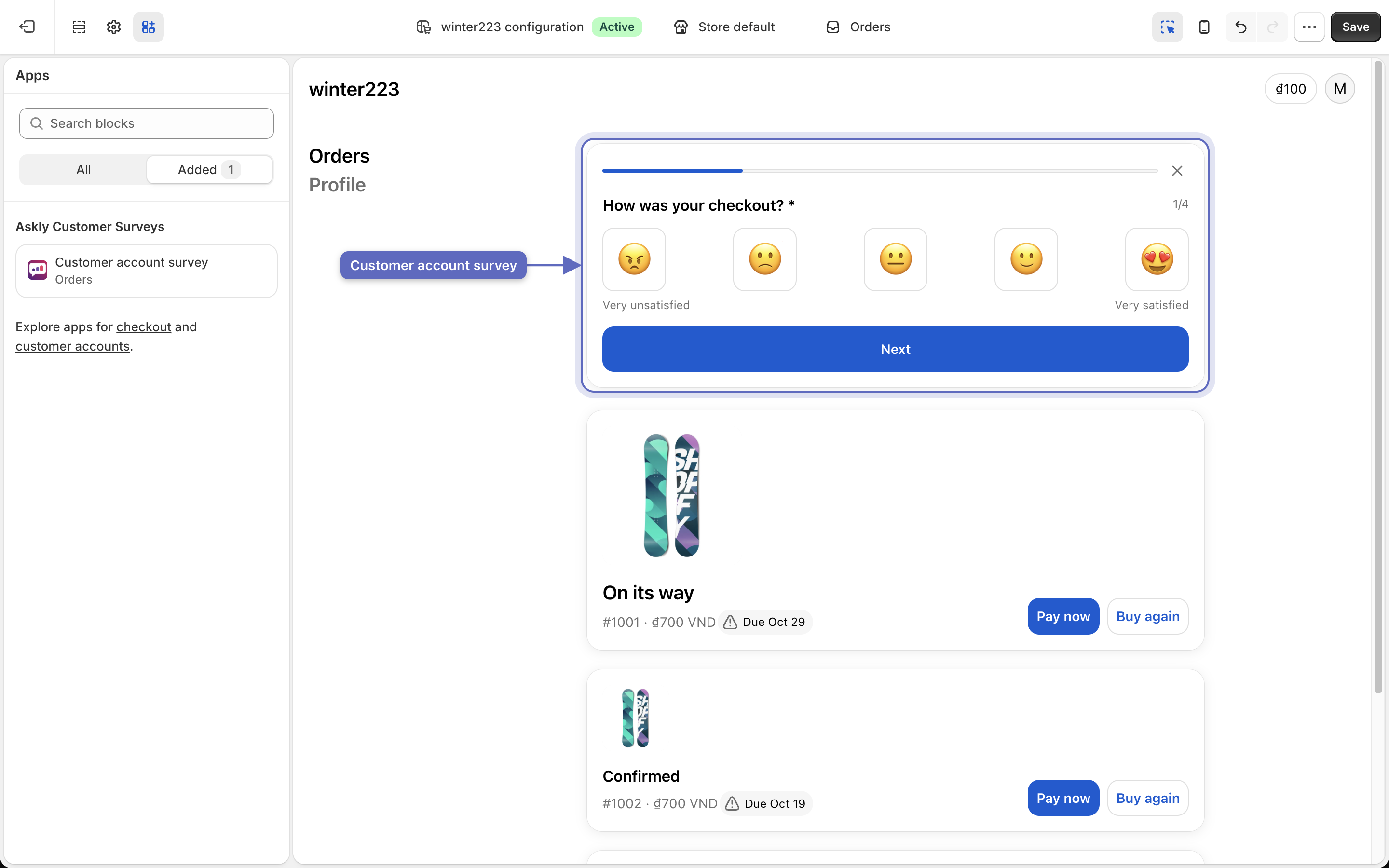 The customer accounts editor on the Orders page with the Askly Customer account survey block placed above the order list