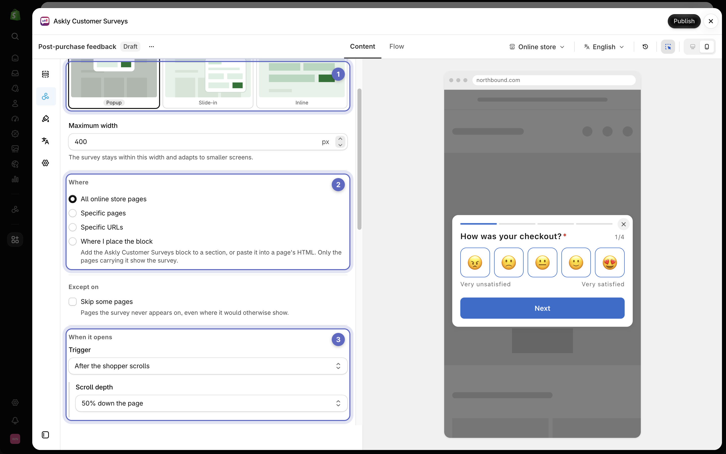 The Online store settings with the popup style, the Where choices and the Trigger, next to a preview of the survey