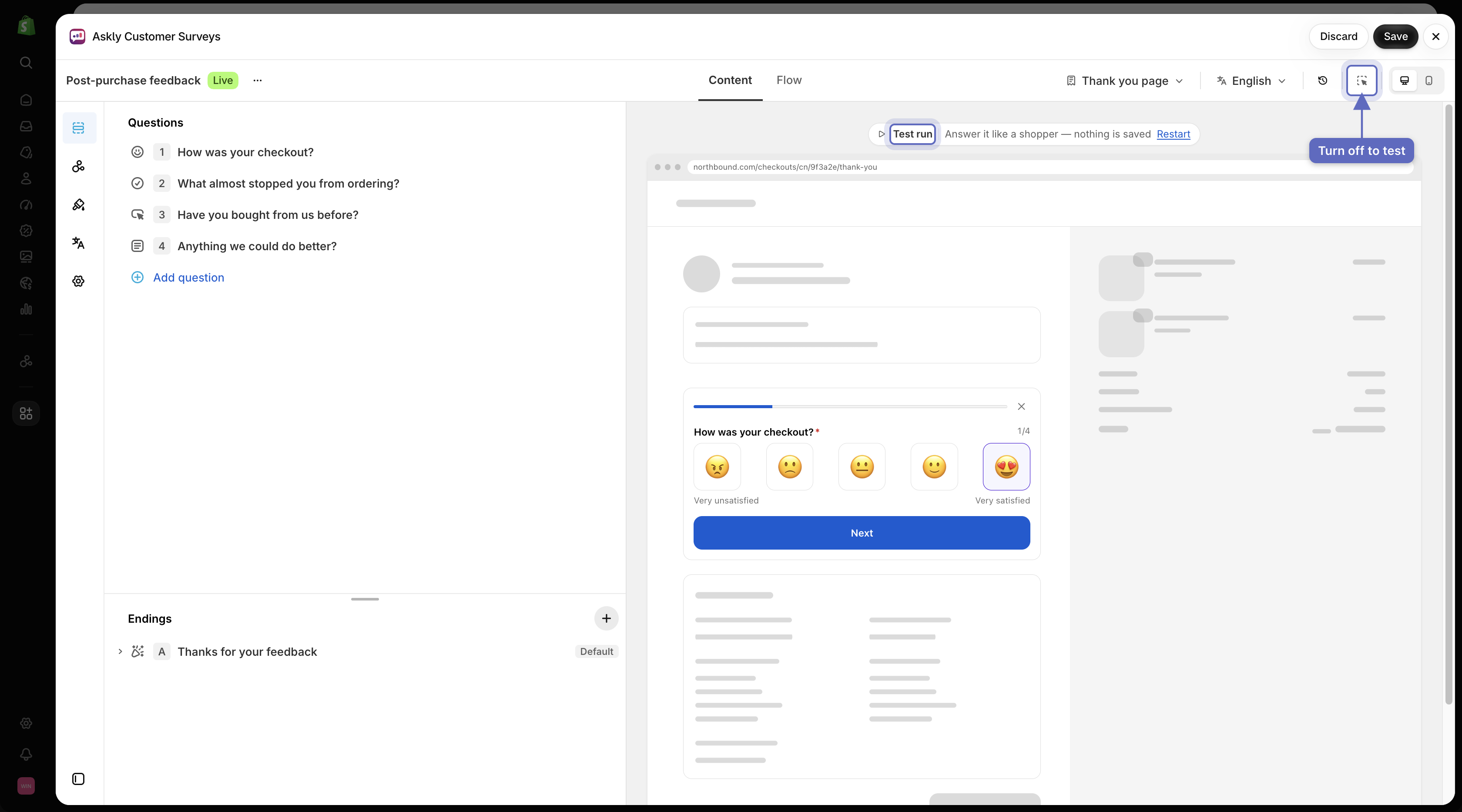 Survey editor preview running in test mode with an answer selected and Inspector toggled off