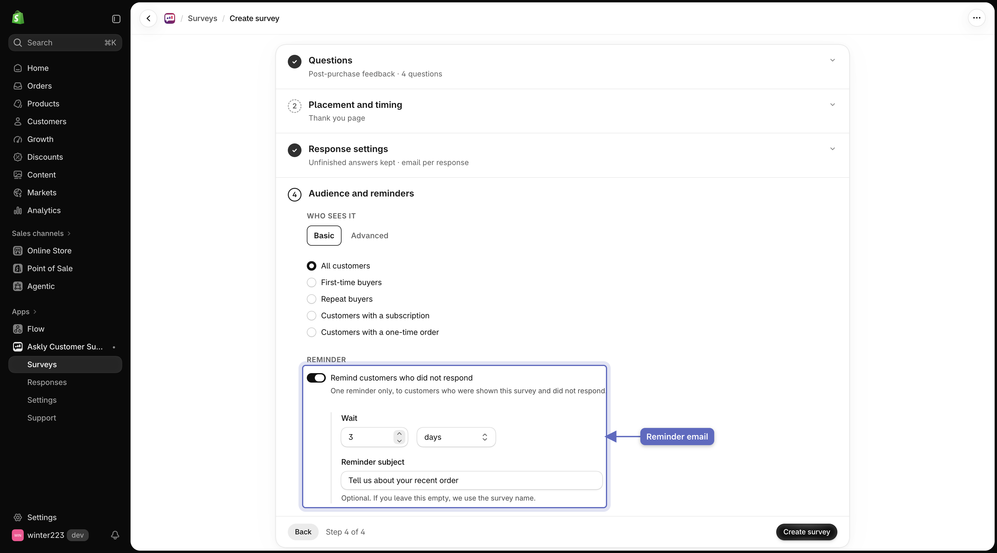 Survey creation wizard audience and reminders step with the reminder email switch enabled and wait time and subject fields configured