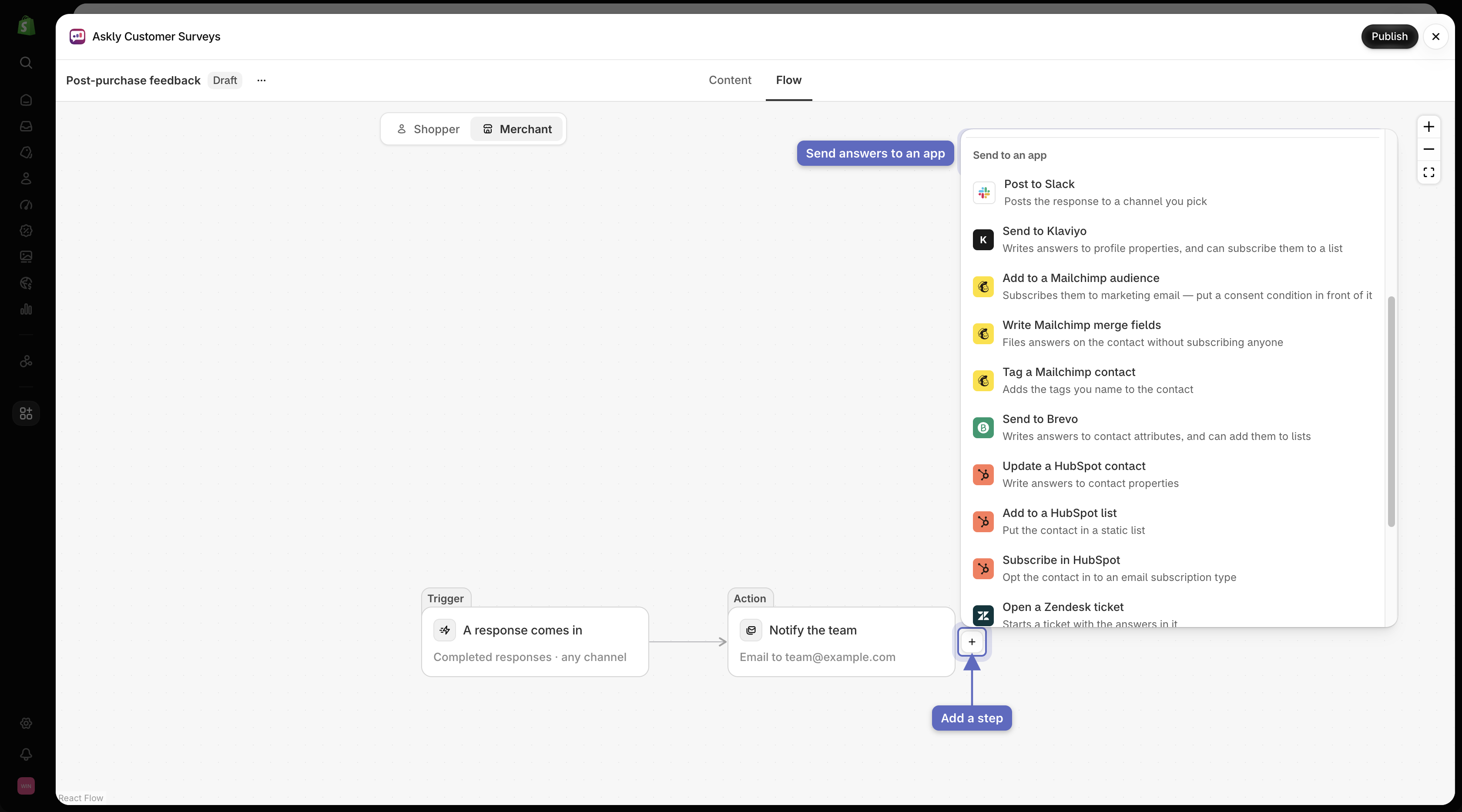 Merchant flow in Flow builder with the add-step menu open showing integrations under Send to an app