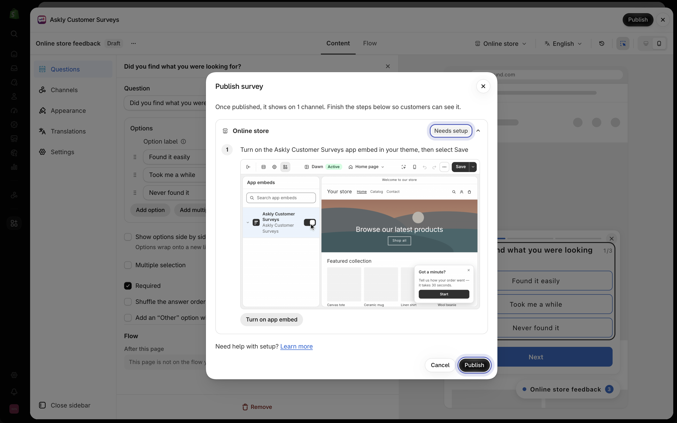 Publish window showing Online store marked as Needs setup, with the app embed step and the Publish button highlighted