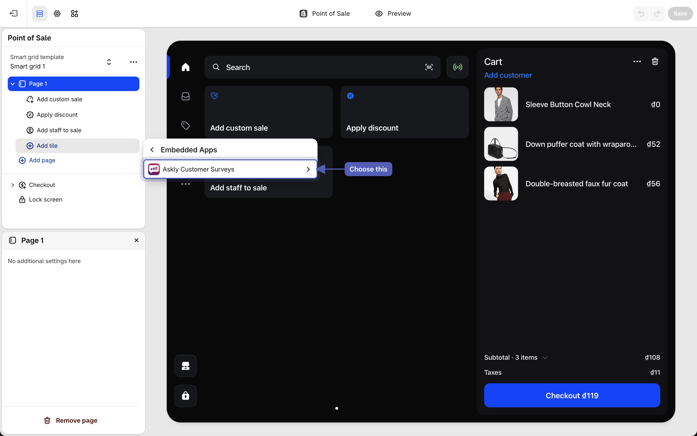 Shopify Smart Grid editor with Add tile, then Embedded Apps open, listing Askly Customer Surveys