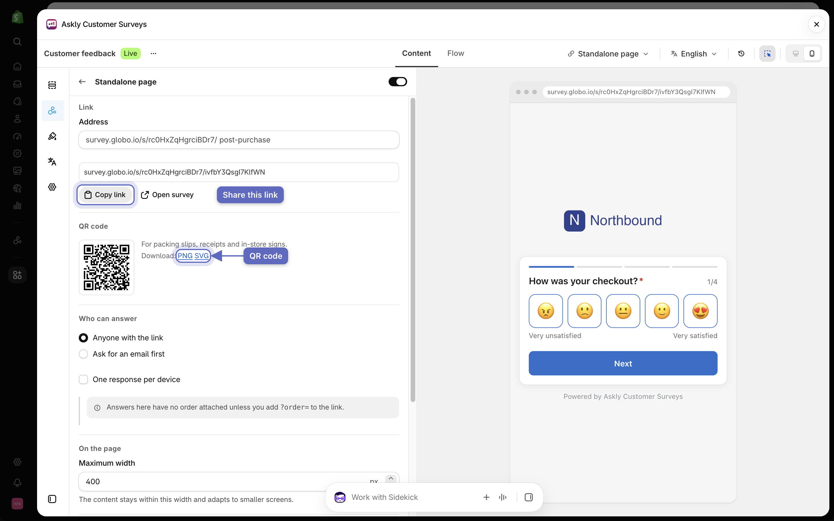 The Standalone page settings with the survey link and Copy link, and a QR code with PNG and SVG download links