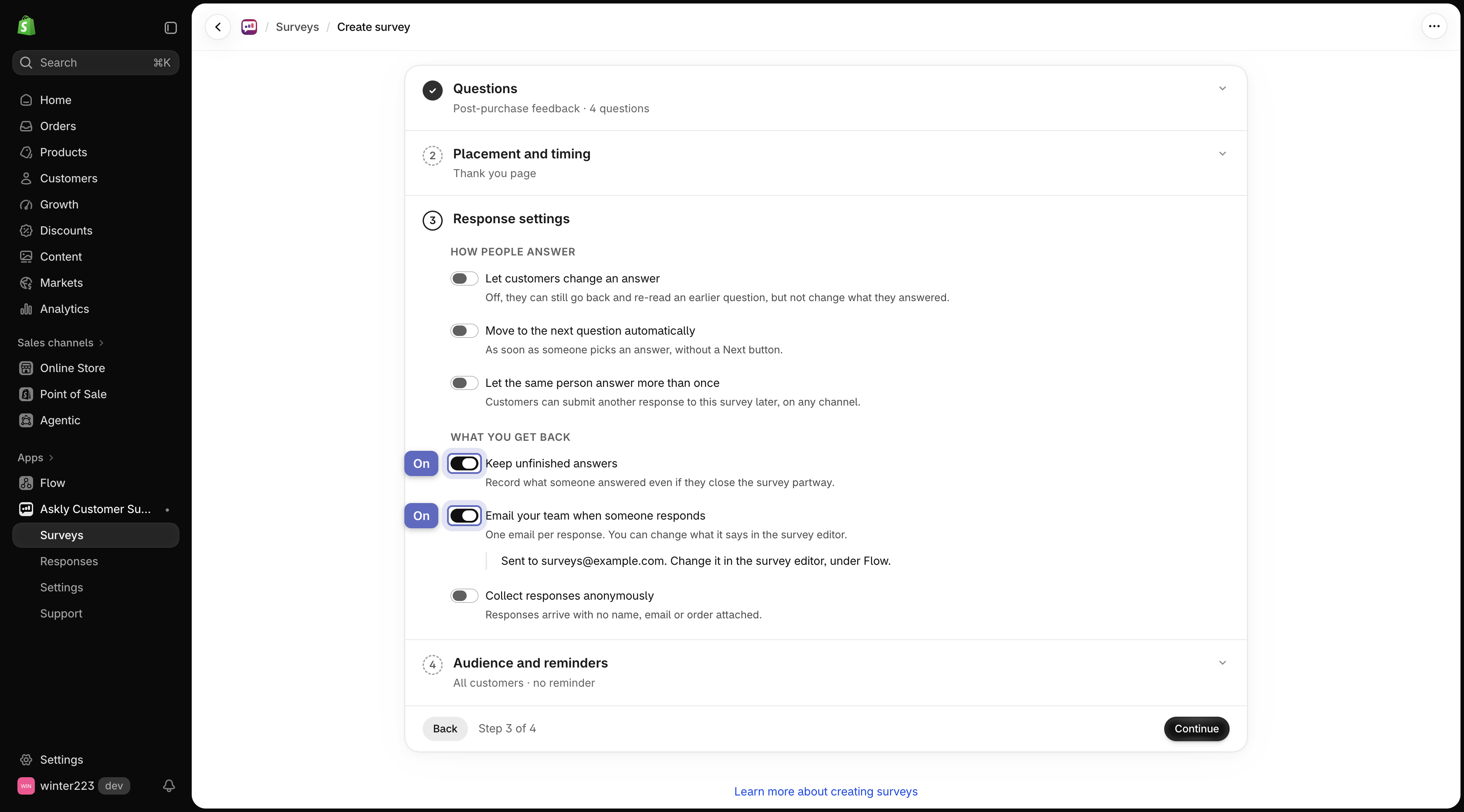 Survey creation wizard response settings step showing six toggles with Keep unfinished answers and Email your team enabled