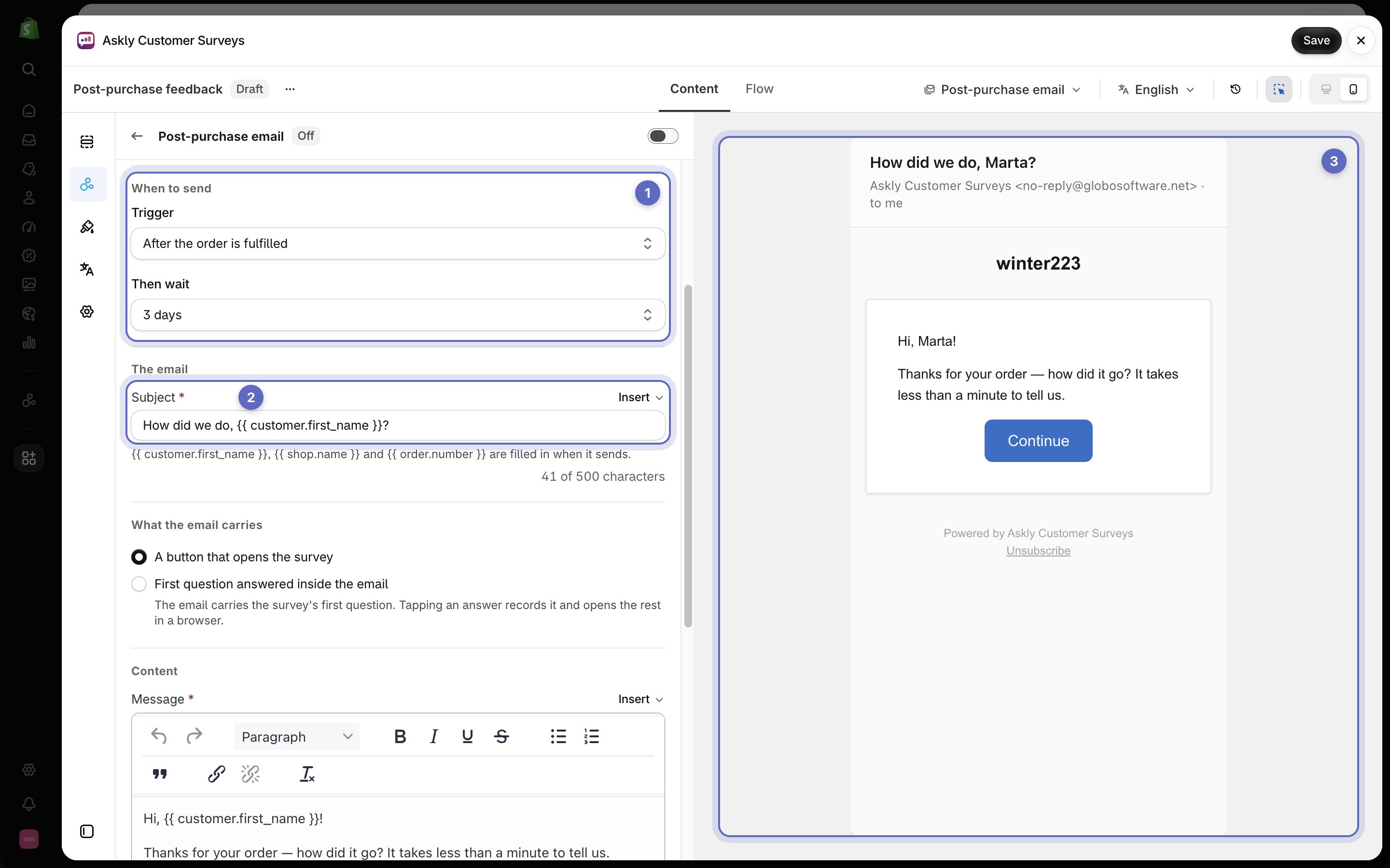 The Post-purchase email settings with the trigger and wait, the subject, what the email carries, and a preview of the email
