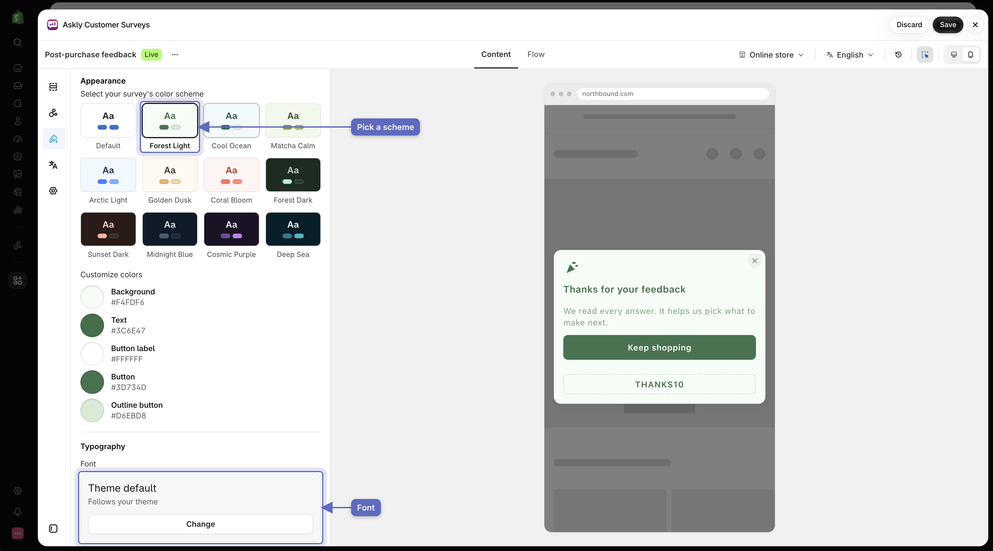 Appearance settings showing color schemes and font picker alongside the mobile preview matching the selected palette