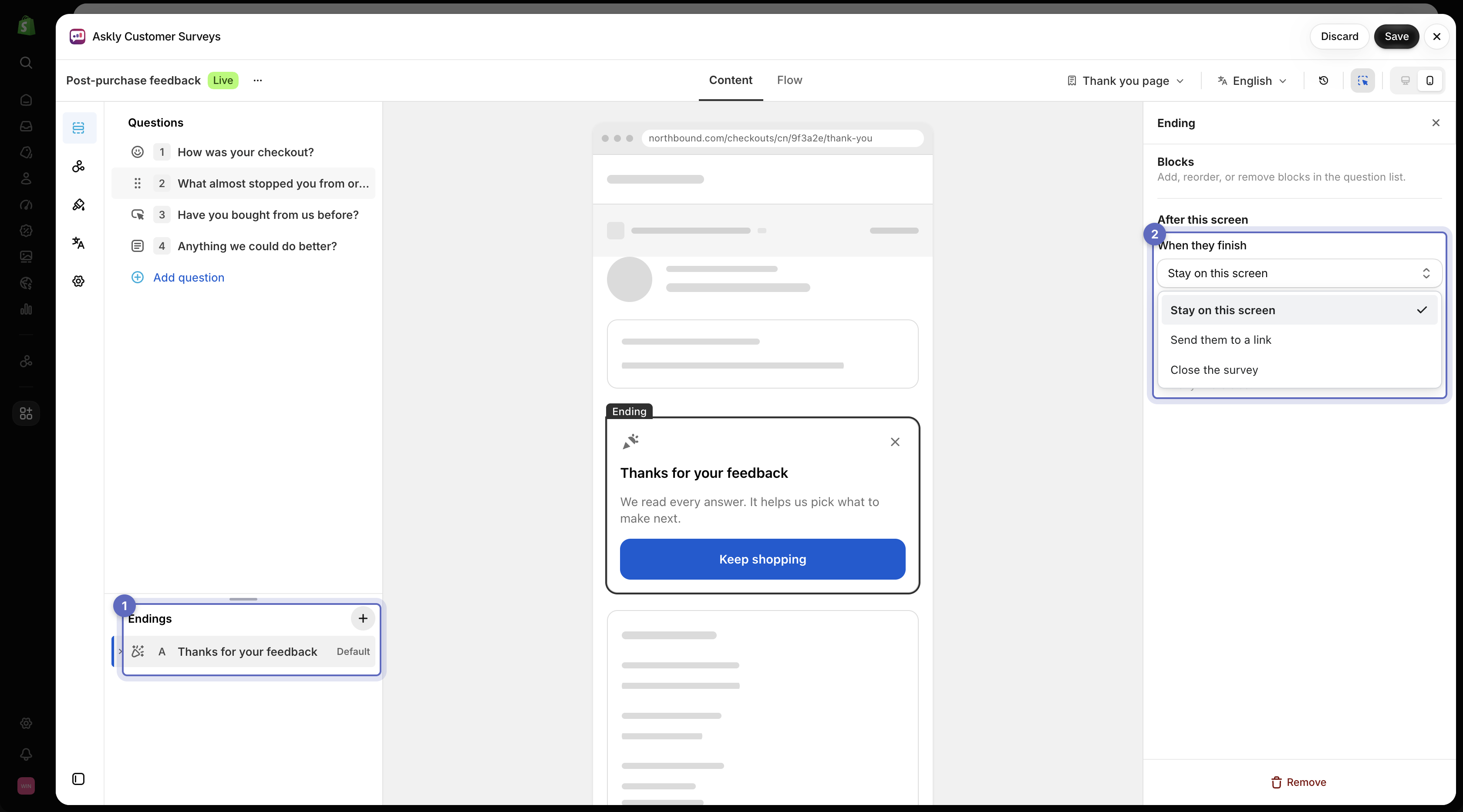 Ending selected in the Questions list with When they finish choices visible in settings