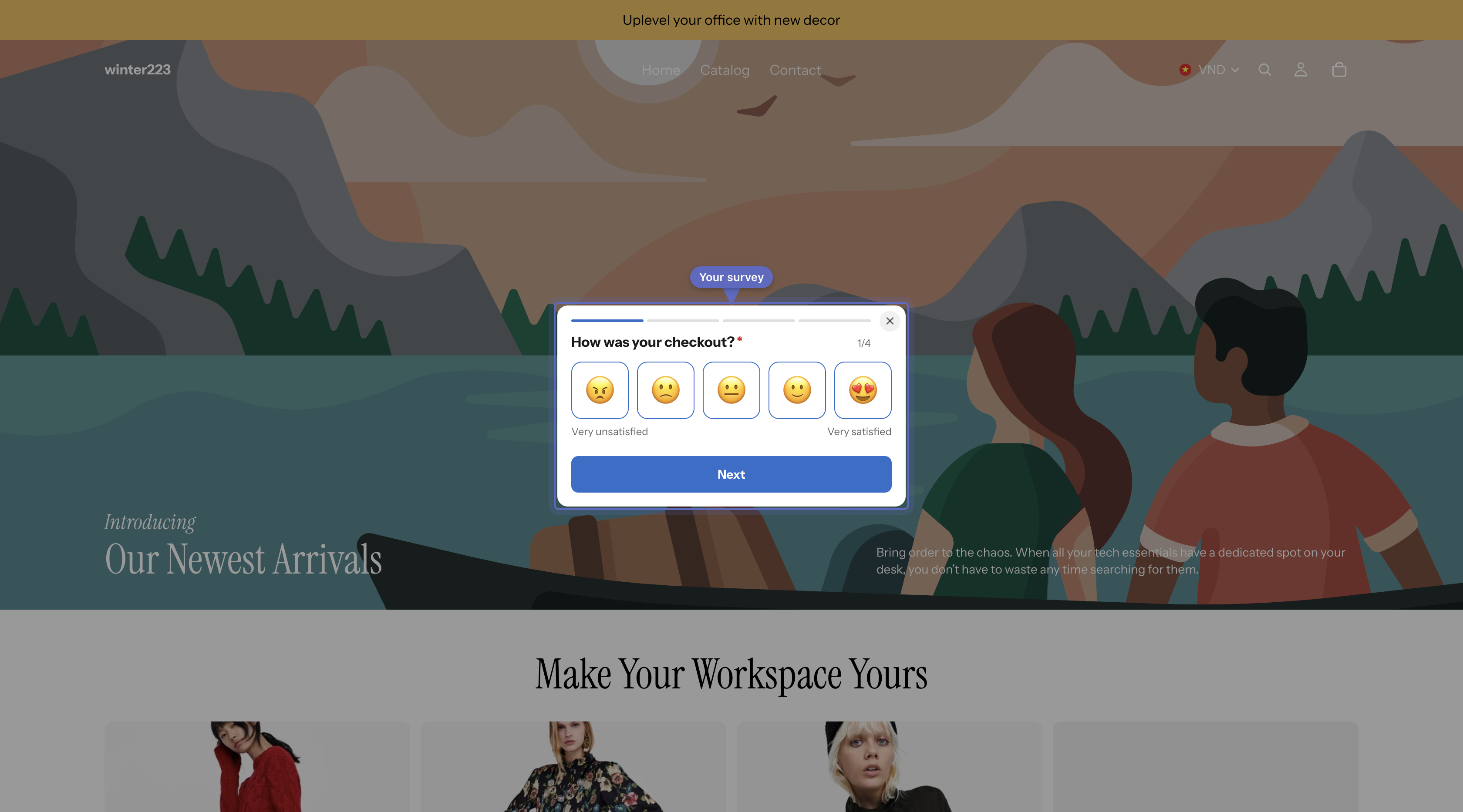 Online storefront page displaying the survey popup modal in the center