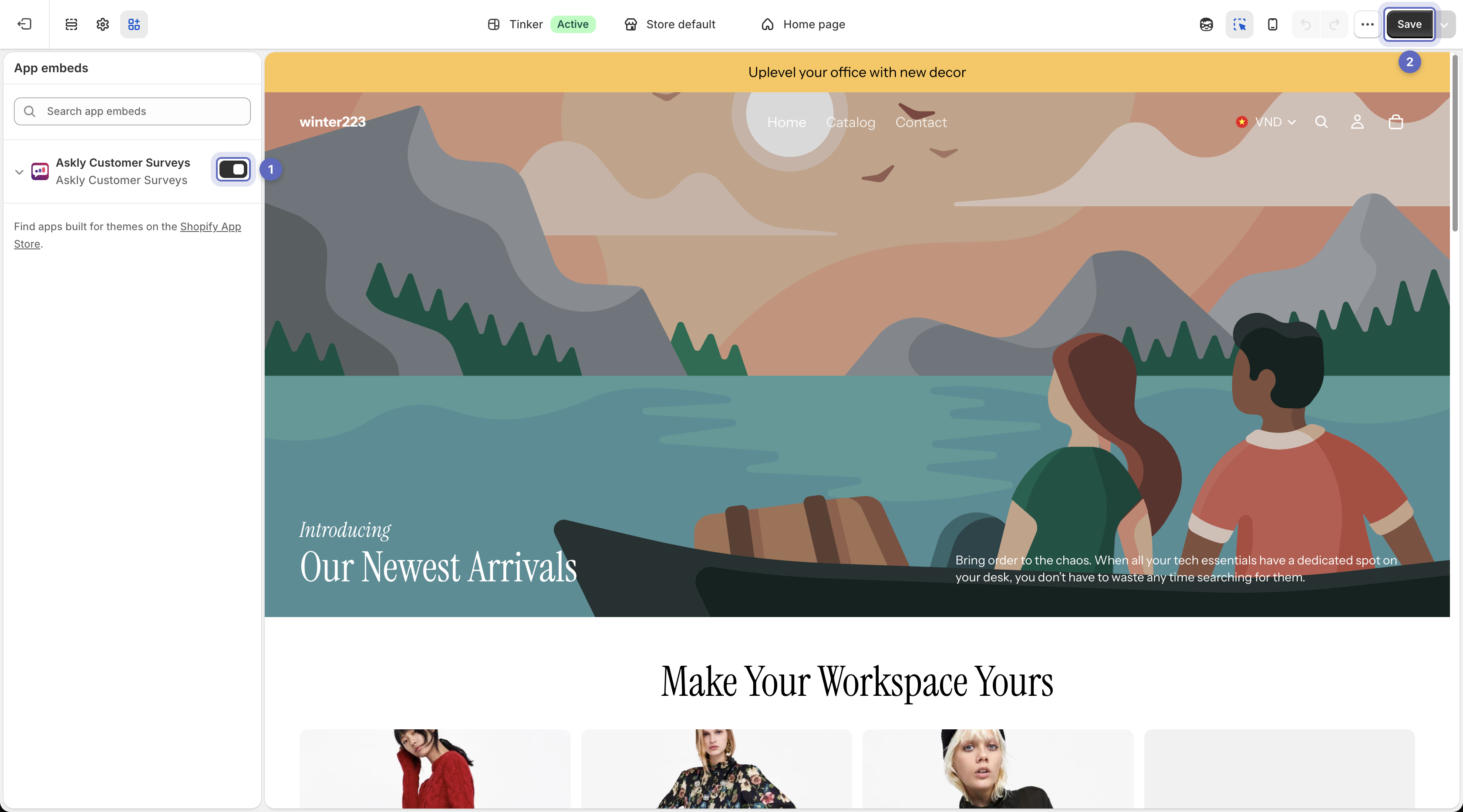 Shopify theme editor with the Askly Customer Surveys app embed switched on