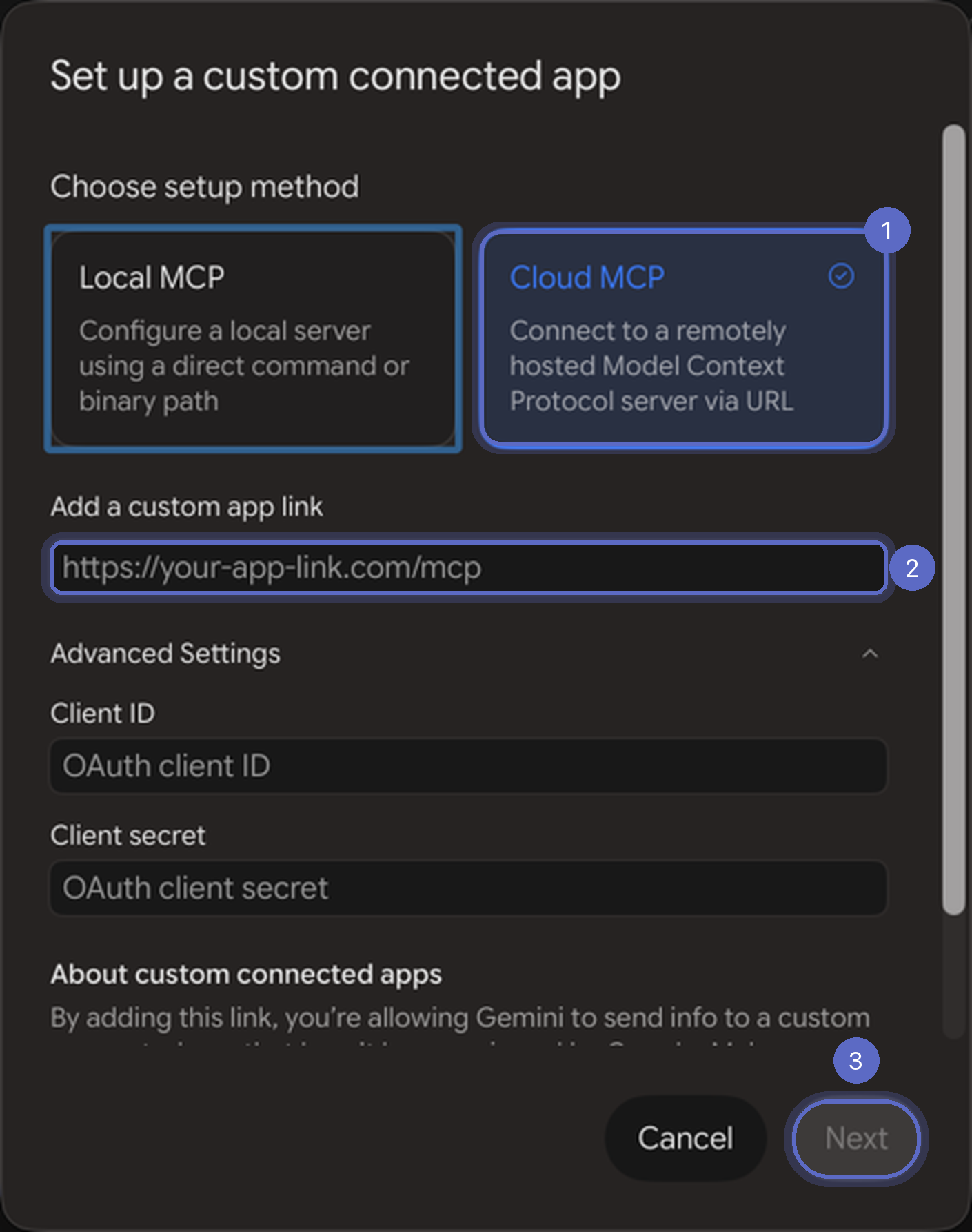 Gemini's Set up a custom connected app window with Cloud MCP selected and the custom app link field