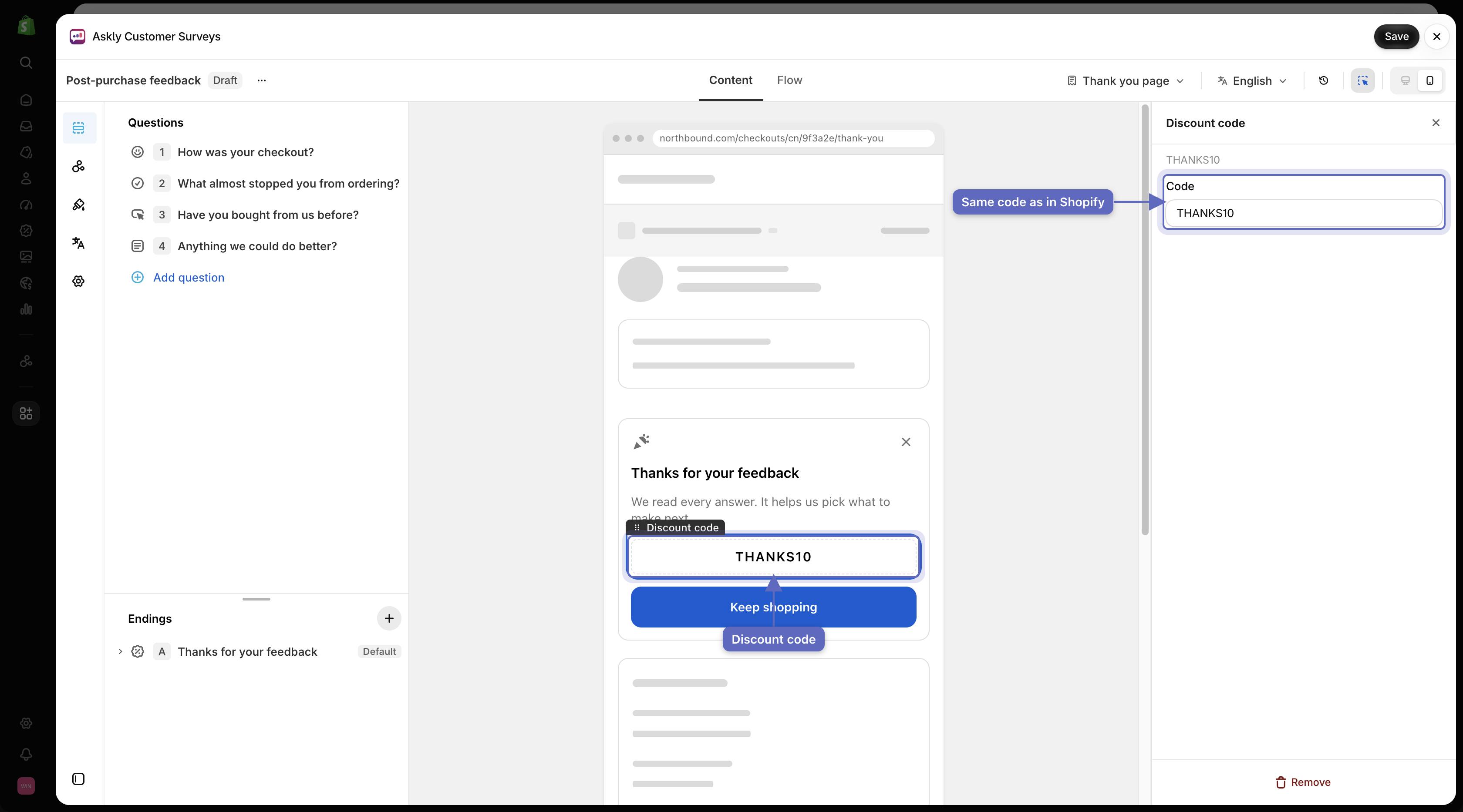 Ending screen with discount code block in preview and Code setting on the right matching THANKS10
