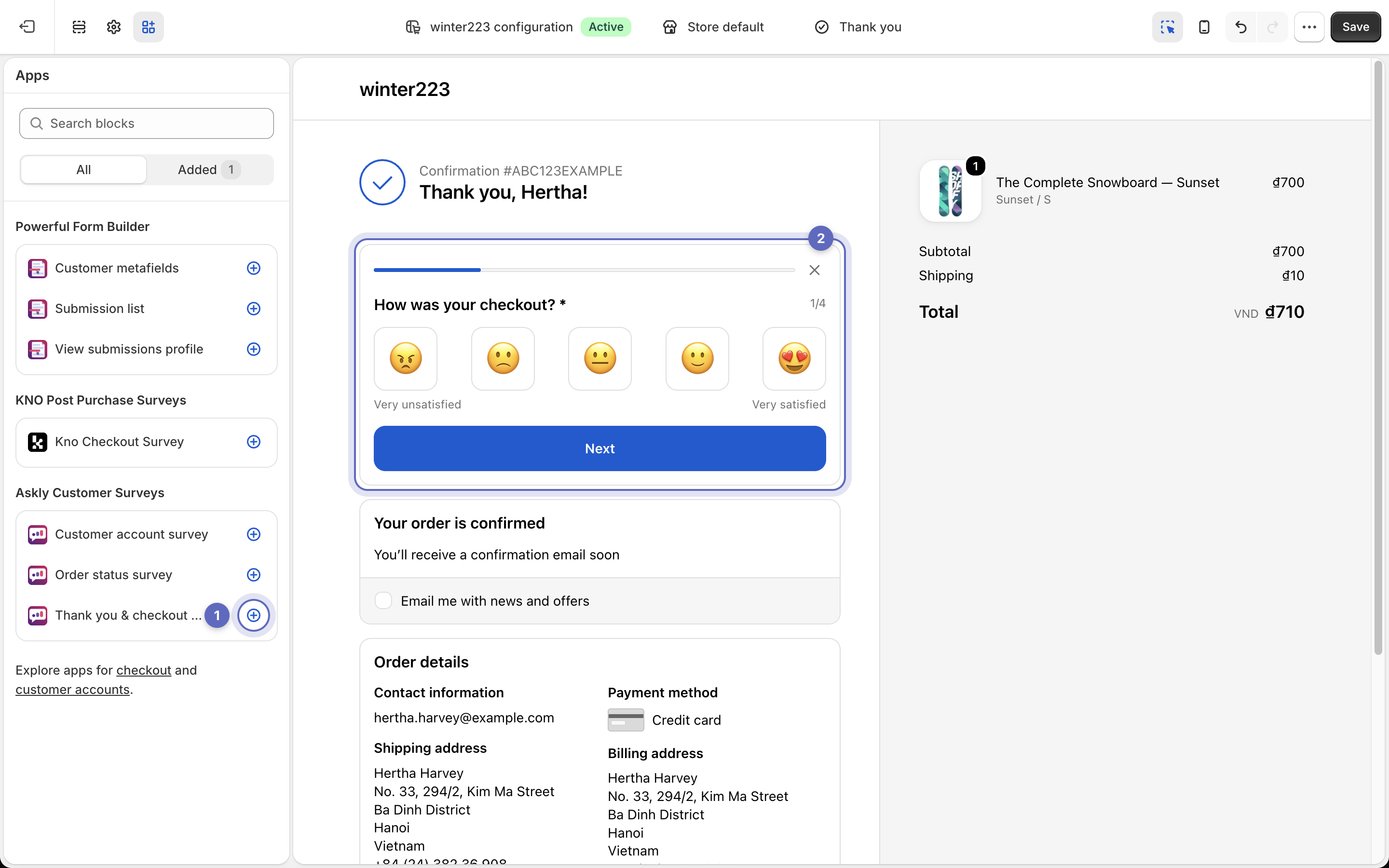 The checkout editor on the thank you page with the Askly Customer Surveys blocks in the Apps list and the survey block placed on the page